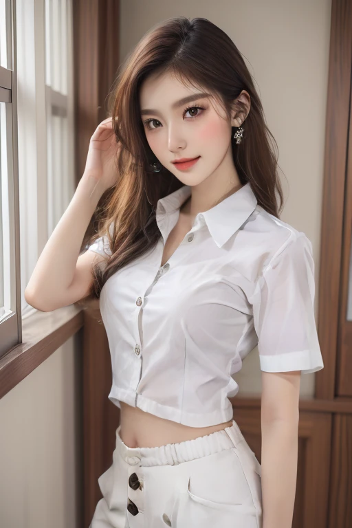 Top quality, RAW Photo, Highest Quality Image, 16K, Full body, Age 22, Realistic, Photorealistic,  Beautiful Asian woman, Sexy, body, White pale skin, ((( Multicolor Hair ))), ((( Short and wavy hairstyle ))), Modern hairstyles, Detailed face, Detailed body, Detailed skin, Double eyelids, Very Big eyes, long eyelashes, bright eyes, green eyes, natural lips, detailed lips, ((( Very Small breasts, Flat Breasts ))), posing in bedroom studio, sunny day light,  ((( wearing White Short sleeves Shirt, black short skirt ))),  ((( Thai University Female Uniform))), ((( Unbutton All Buttons  ))), no bra, ((( piercings ))), ((( piercing bellybutton with jewelry )))