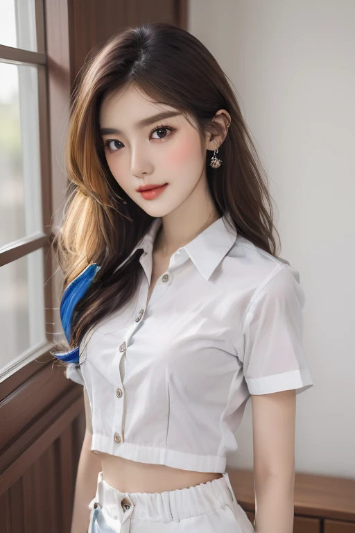 Top quality, RAW Photo, Highest Quality Image, 16K, Full body, Age 22, Realistic, Photorealistic,  Beautiful Asian woman, Sexy, body, White pale skin, ((( Multicolor Hair ))), ((( Short and wavy hairstyle ))), Modern hairstyles, Detailed face, Detailed body, Detailed skin, Double eyelids, Very Big eyes, long eyelashes, bright eyes, green eyes, natural lips, detailed lips, ((( Very Small breasts, Flat Breasts ))), posing in bedroom studio, sunny day light,  ((( wearing White Short sleeves Shirt, black short skirt ))),  ((( Thai University Female Uniform))), ((( Unbutton All Buttons  ))), no bra, ((( piercings ))), ((( piercing bellybutton with jewelry )))