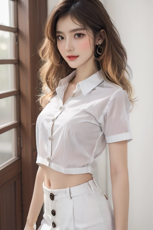 Top quality, RAW Photo, Highest Quality Image, 16K, Full body, Age 22, Realistic, Photorealistic,  Beautiful Asian woman, Sexy, body, White pale skin, ((( Multicolor Hair ))), ((( Short and wavy hairstyle ))), Modern hairstyles, Detailed face, Detailed body, Detailed skin, Double eyelids, Very Big eyes, long eyelashes, bright eyes, green eyes, natural lips, detailed lips, ((( Very Small breasts, Flat Breasts ))), posing in bedroom studio, sunny day light,  ((( wearing White Short sleeves Shirt, black short skirt ))),  ((( Thai University Female Uniform))), ((( Unbutton All Buttons  ))), no bra, ((( piercings ))), ((( piercing bellybutton with jewelry )))