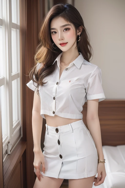 Top quality, RAW Photo, Highest Quality Image, 16K, Full body, Age 22, Realistic, Photorealistic,  Beautiful Asian woman, Sexy, body, White pale skin, ((( Multicolor Hair ))), ((( Short and wavy hairstyle ))), Modern hairstyles, Detailed face, Detailed body, Detailed skin, Double eyelids, Very Big eyes, long eyelashes, bright eyes, green eyes, natural lips, detailed lips, ((( Very Small breasts, Flat Breasts ))), posing in bedroom studio, sunny day light,  ((( wearing White Short sleeves Shirt, black short skirt ))),  ((( Thai University Female Uniform))), ((( Unbutton All Buttons  ))), no bra, ((( piercings ))), ((( piercing bellybutton with jewelry )))