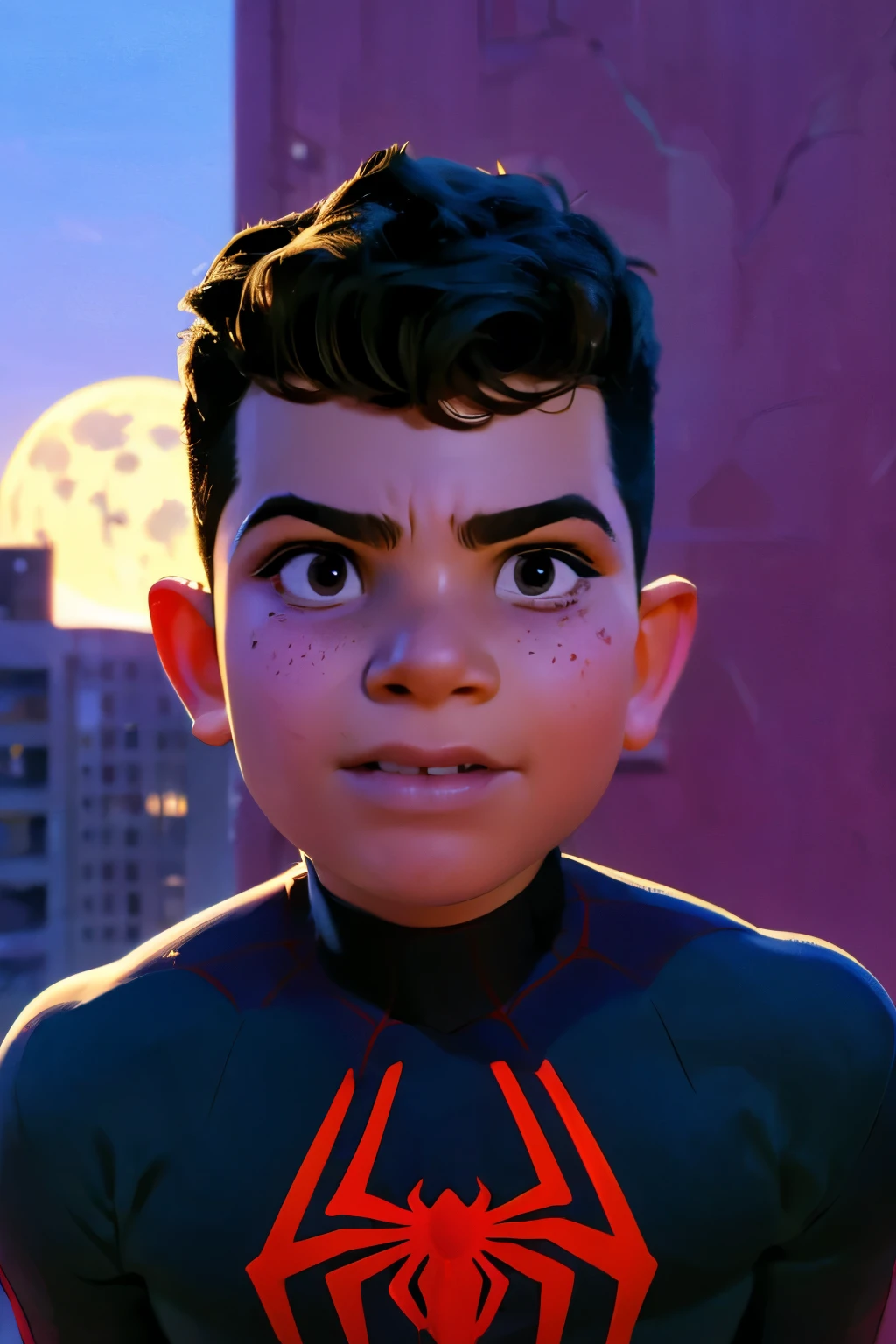 Close-up face, Thoe, ((a boy, ***)), Marvel Comic Panel Drawing: A boy with black eyes, in Dynamic pose, short black hair , over The building under The moonlight, spiderman suit in a city with a fixed gaze . Over a building, fullmoon background.