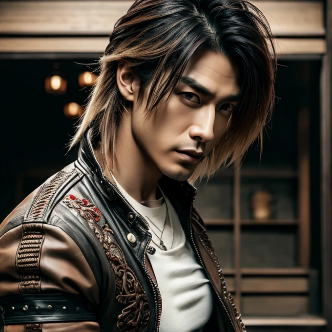 1 man, male, Japanese man, Visual Kai hairstyle, ultra detailed face and body, hyperrealistic, realistic representation, muscular, broad shoulders, tattoos gothic style, Visual Kei style, blond, long hair, 40 years old, outfit gothic streampunk, men's shirt and black pants, Asian eyes