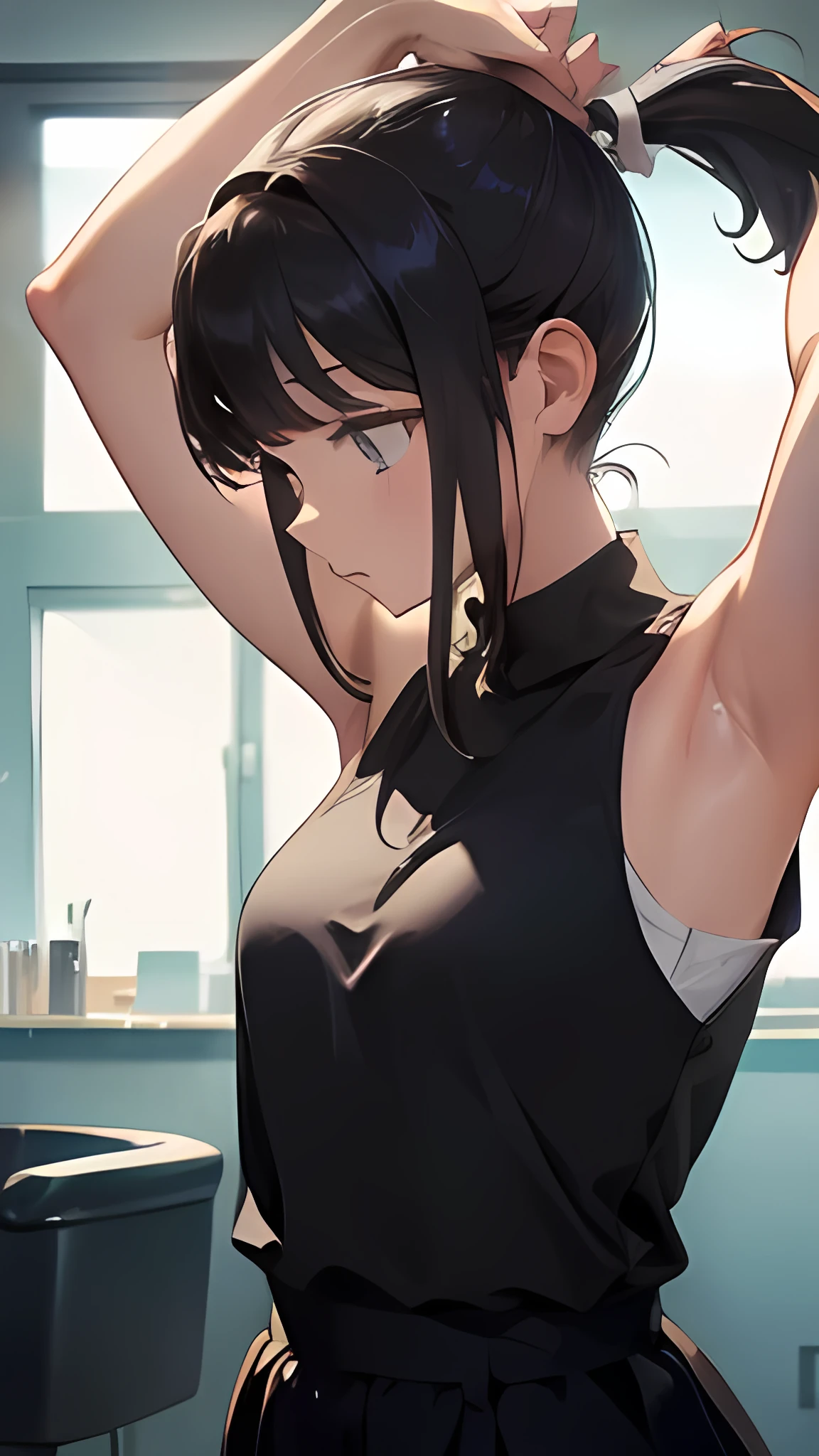  ((((The background is a hair salon)))), ((((ponytail)))).A girl whose armpits smell bad。looking at armpit。An angle that looks like you&#39;re looking up from below.。very cute round face。embarrassed,hairdresser.Sporty look,