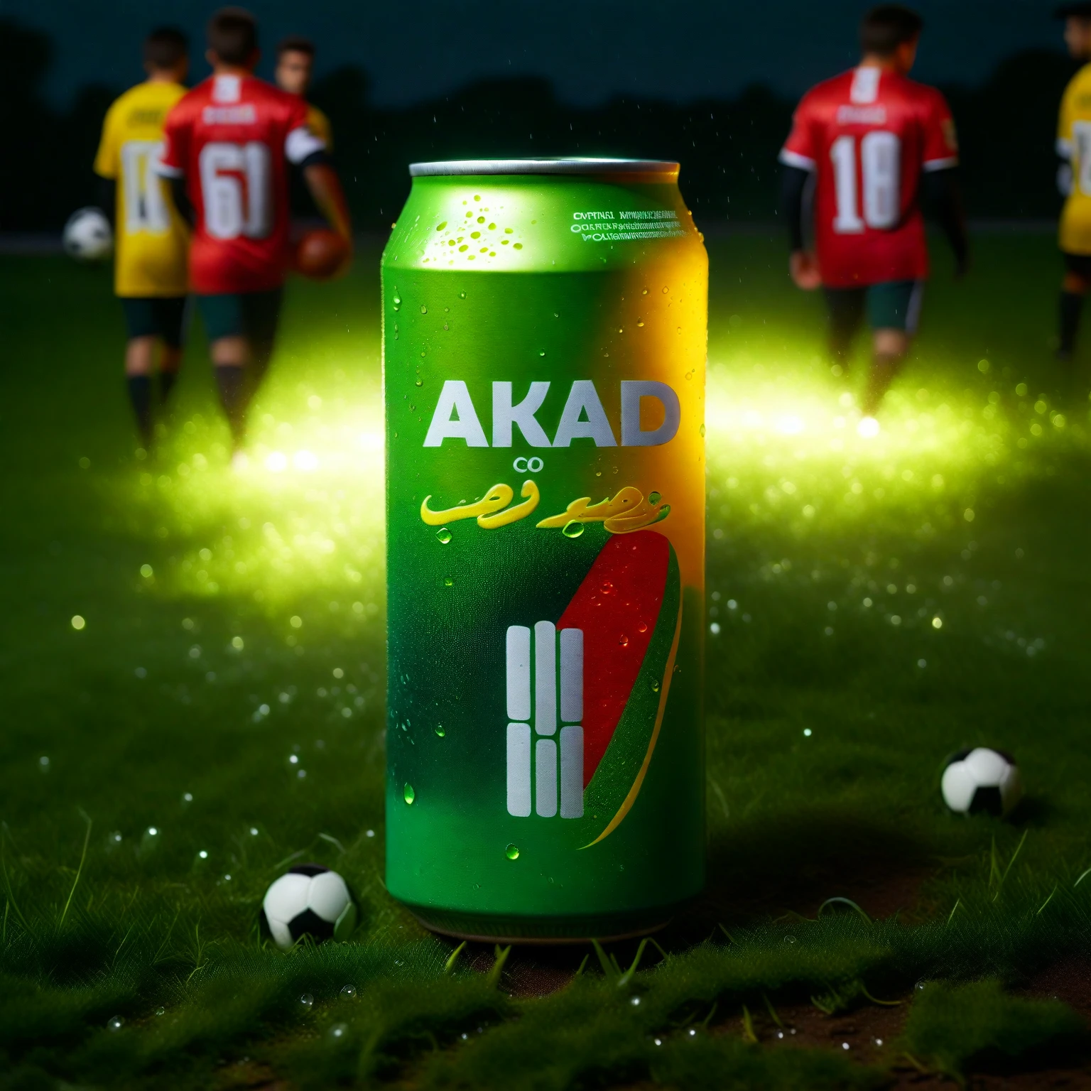 a shades of green and yellow and red soda can with a white logo, placed on grass in night with a football players in background, realistic water droplets floating,  soft glow, 8k, photorealistic, detailed, cinematic lighting, lush foliage, vibrant colors, depth of field, atmospheric, mystical, fantasy, nature, beverage, product placement