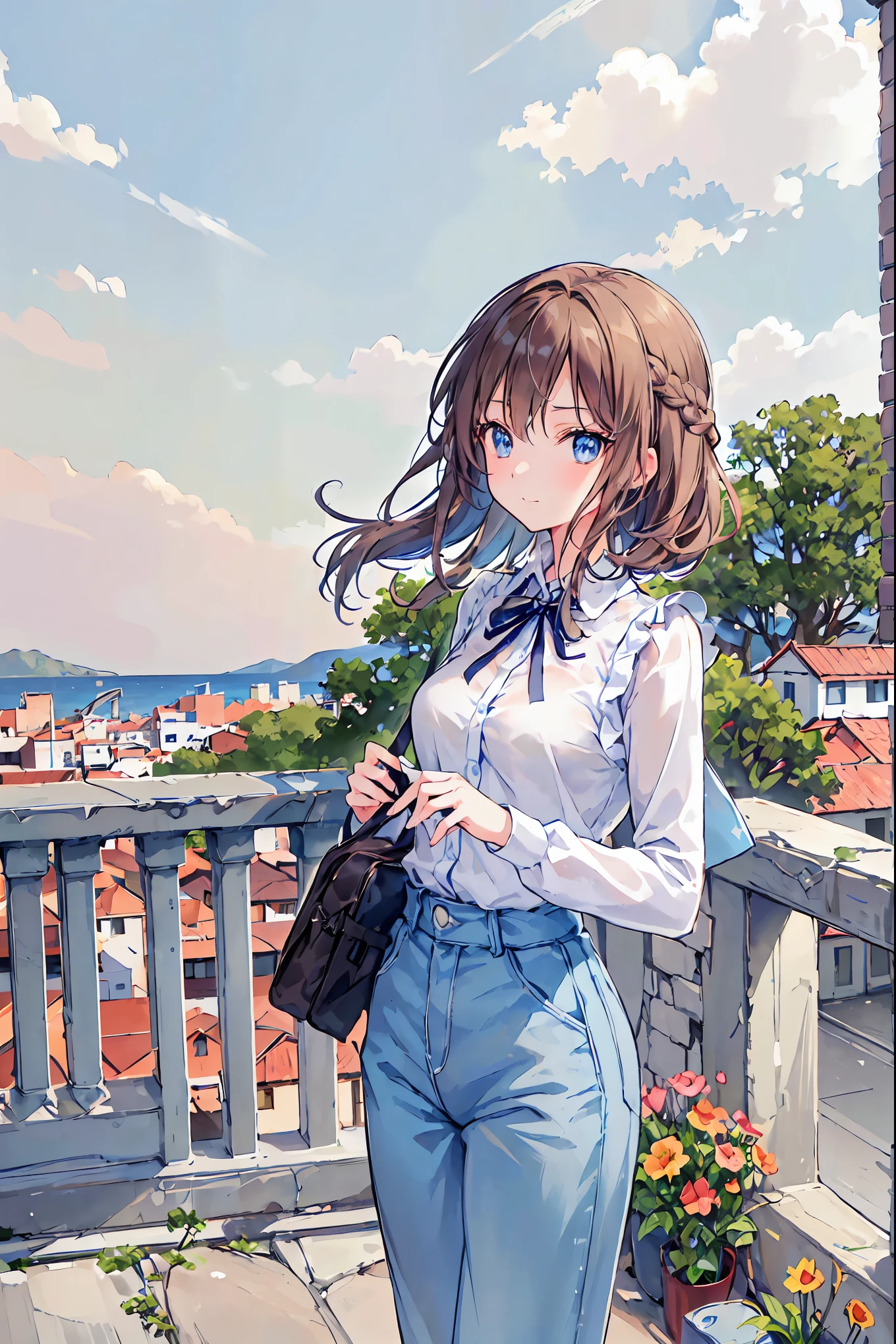 Anime girl standing on balcony with a view of a city - SeaArt AI
