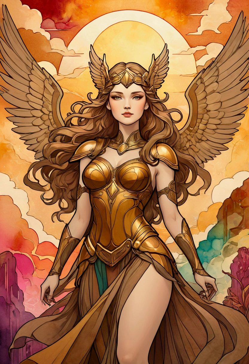 vetorial art style,Stained glass, beautiful vintage pinup woman,Hands at waist level holding one sword.open angel wings,alphonse mucha style,dynamic defensive pose,Intricate flowery background