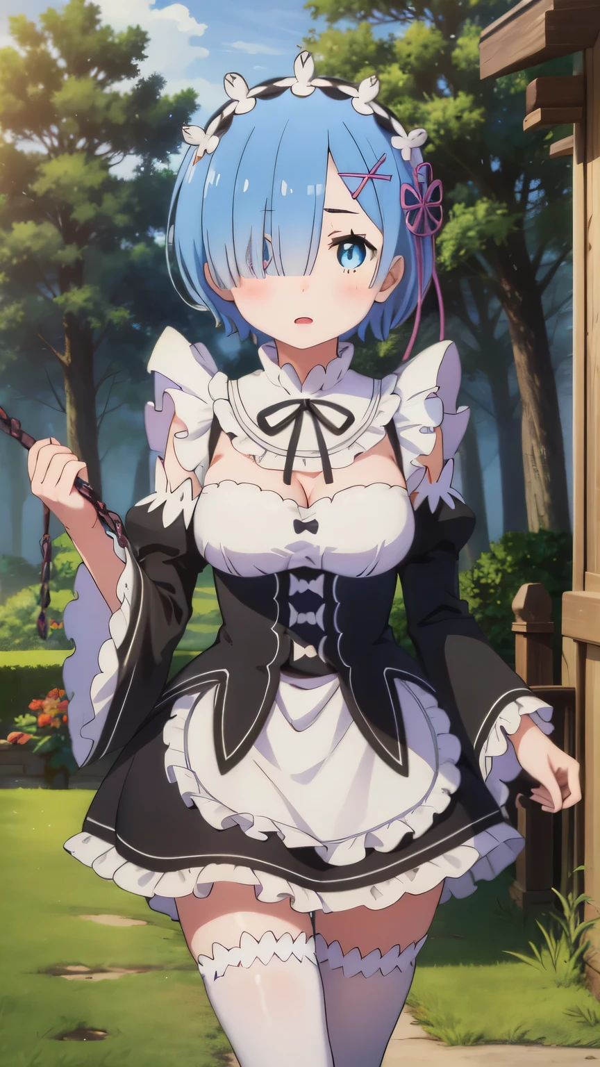 {{{masterpiece}}}, {{{best quality}}}, {{ultra-detailed}}, {illustration}, {{an extremely delicate and beautiful}}, (beautiful detailed eyes:1.6), extremely detailed face, 16k, visual anime de uma jovem mulher, extremamente bonito rosto de anime, anime melhor garota, (perfect hands, perfect anatomy), anime face, rem (re:zero), phRem, 1girl, solo, cute face, blue hair, short hair, hair over one eye, blue eyes, hair ornament, x hair ornament, flushed cheeks, big breasts, thin waist, big hips, curvaceous, BREAK, maid, {roswaal mansion maid uniform}, detached sleeves, black sleeves, black ribbon, white thighhighs, apron, black skirt, maid shoes, thighs, zettai ryouiki, BREAK, (The girl is brandishing a morning star:1.5), have a weapon, iron ball with thorns, iron ball with chain, morning star, looking at viewer, outdoor, daytime, forest, field