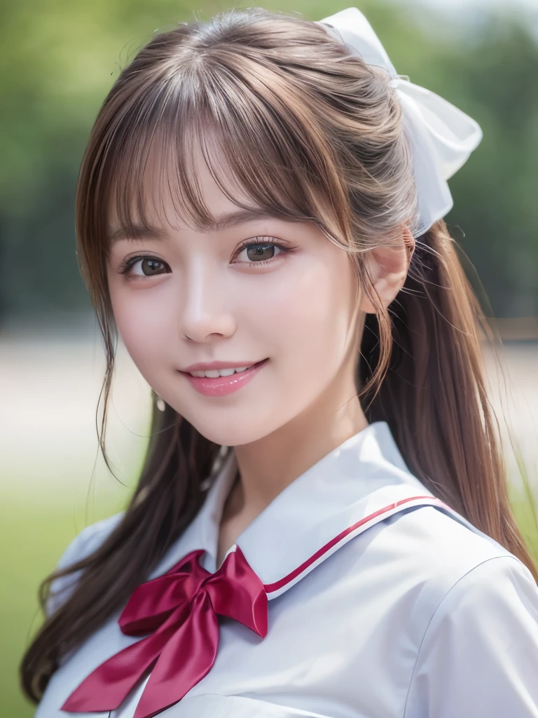 (masterpiece:1.4), (Best Quality:1.4), (High resolution:1.4), (masterpiece, High definition, Best Quality, High resolution:1.4), Girl A, Glowing White Skin, uniform, (Cable Bow:1.1), Smile 8K RAW photo,