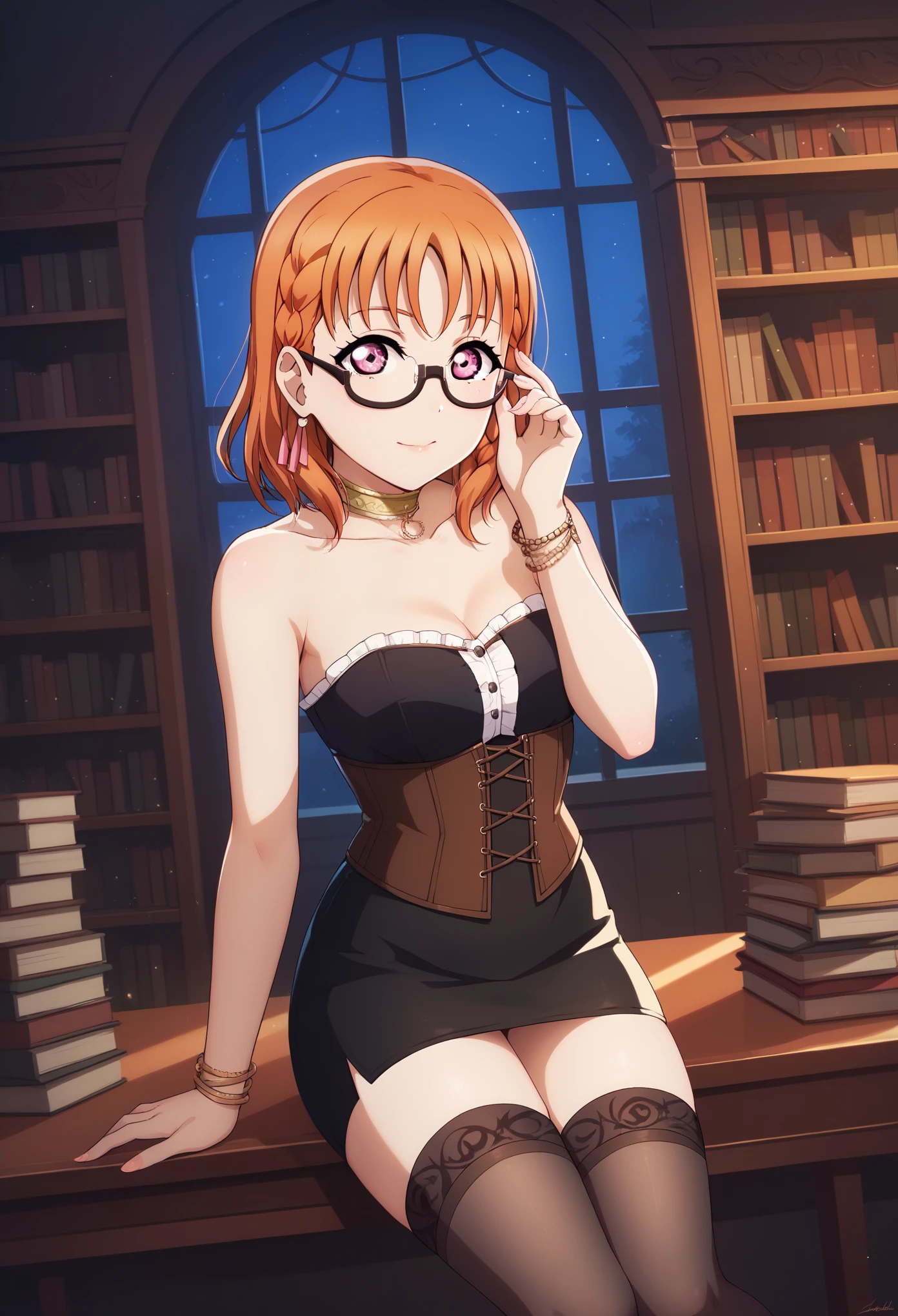 masterpiece, best quality, dynamic lighting , love live art style, takami chika , orange hair, medium hair, pink eyes, side braid, circle glasses, corset, pencil skirt,collarbone,neck ring, thighhighs, in black dark library , night , looking at viewer, strapless , adjusting glasses 