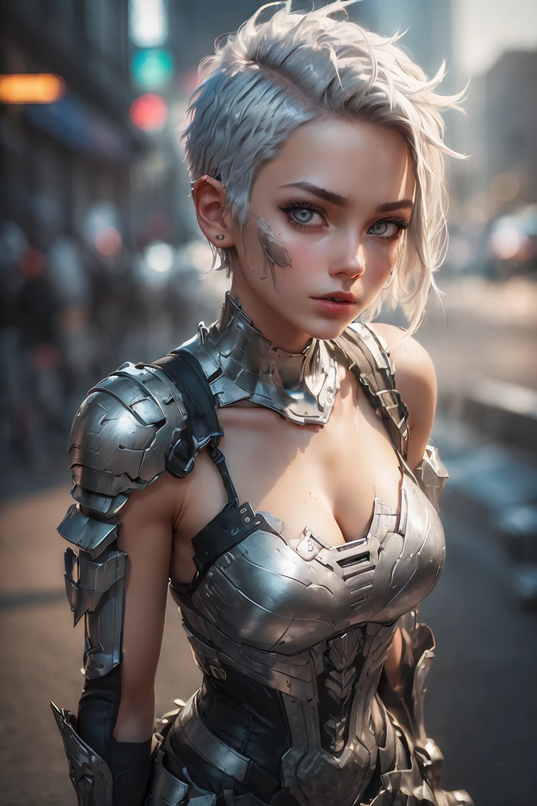 (Face photo: 1.4), (above shoulder photo: 1.6), 1 girl, alone, (short silver hair: 1.2), with perfect face, thin eyebrows, long eyelashes, (android eyes: 1.2), and fleshy lips , (extremely detailed: 1.2), (intricate details: 1.2), lingerie