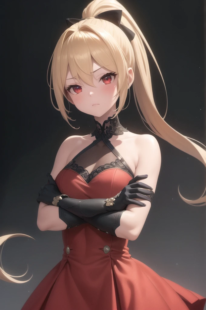 light particles, soft lighting, volumetric lighting, intricate details, finely detailed, backlighting,

1girl, solo, standing, upper body, crossed arms,

blonde hair, long hair, high ponytail, hair intakes, sidelocks, red bow,

red eyes, looking at viewer, tsurime, half-closed eyes,

red dress, off shoulder, bare arms, gloves,

black background, simple background,

