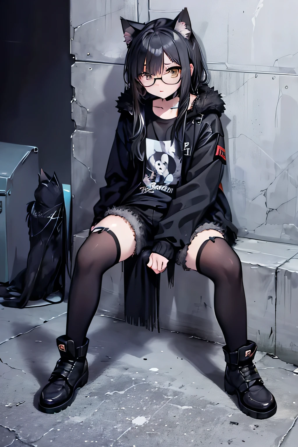 1 adult cat　Golden Eyes　Wears black-rimmed glasses　Plump body　A defiant look　Full body view　Leaning against the wall　Black fur　Straight medium hair　Black T-shirt　He is wearing an oversized jacket with long sleeves and black fur.　Shorts　Black Stockings　Golden Eyes　The background is a cyberpunk cityscape