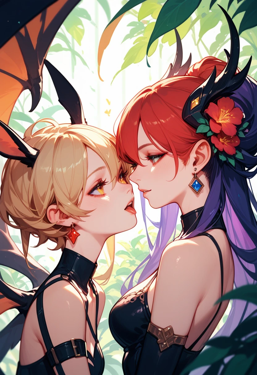 A cartoon illustration of two girls sharing a passionate embrace and a deep french kiss by the poolside. One girl is a gold-skinned moth girl with delicate moth wings and antennae wearing a white one-piece swimsuit. The other girl is a red-skinned dragon girl with bat wings and devil horns wearing a black one-piece swimsuit.