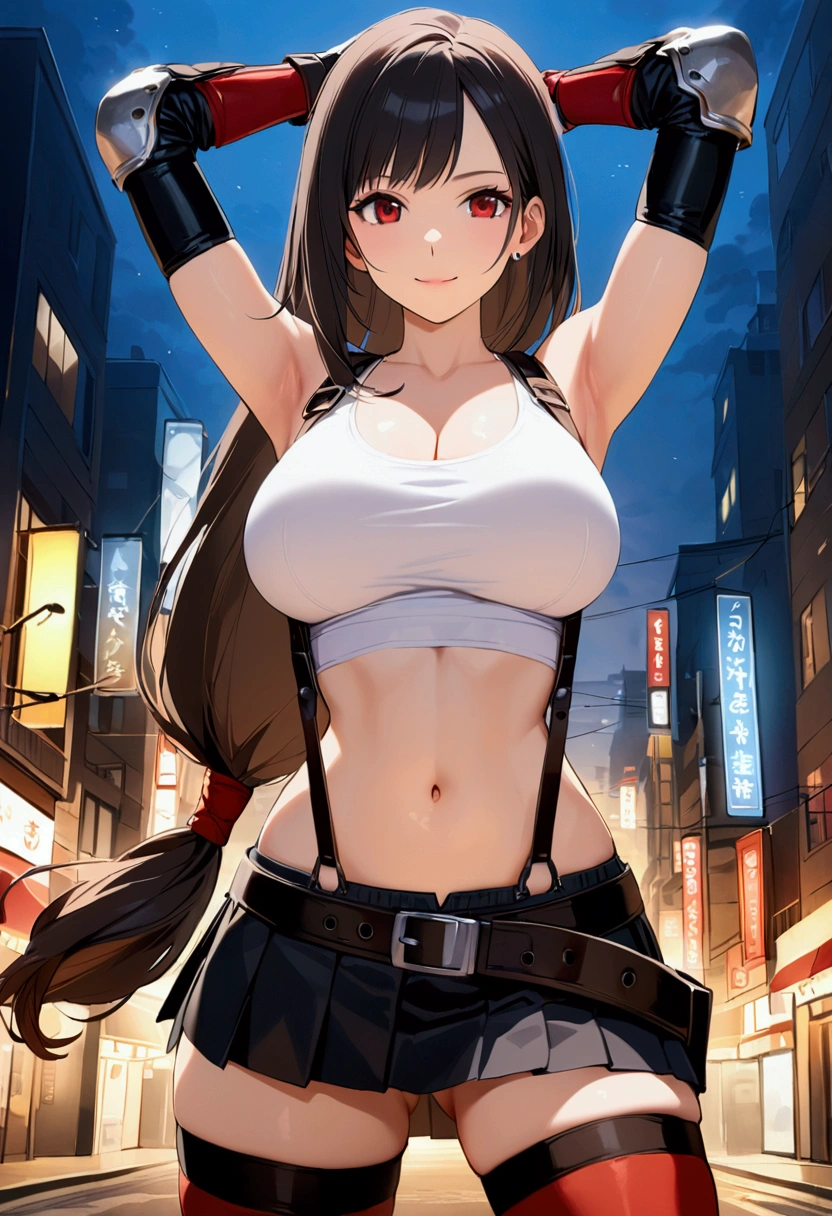 score_9,score_8_up,score_7_up,source_anime, masterpiece, best quality:1.2, (recent), perfect anatomy, very aesthetic,photorealistic,(beautiful).straight-on,soro focus,cowboy shot,arms up:1.2,stretching,Solo,1girl, tifa lockhart, final fantasy,black hair, low-tied long hair, red eyes, bangs, white tank top,gap,(High exposure),belt, pleated skirt, thighhighs, elbow fingerless gloves, elbow pads, midriff, navel,suspenders.skirt,slender waist,(large_breasts),light smile,citystreet,night sky,night, depth of field、beautifully lit,great lighting,