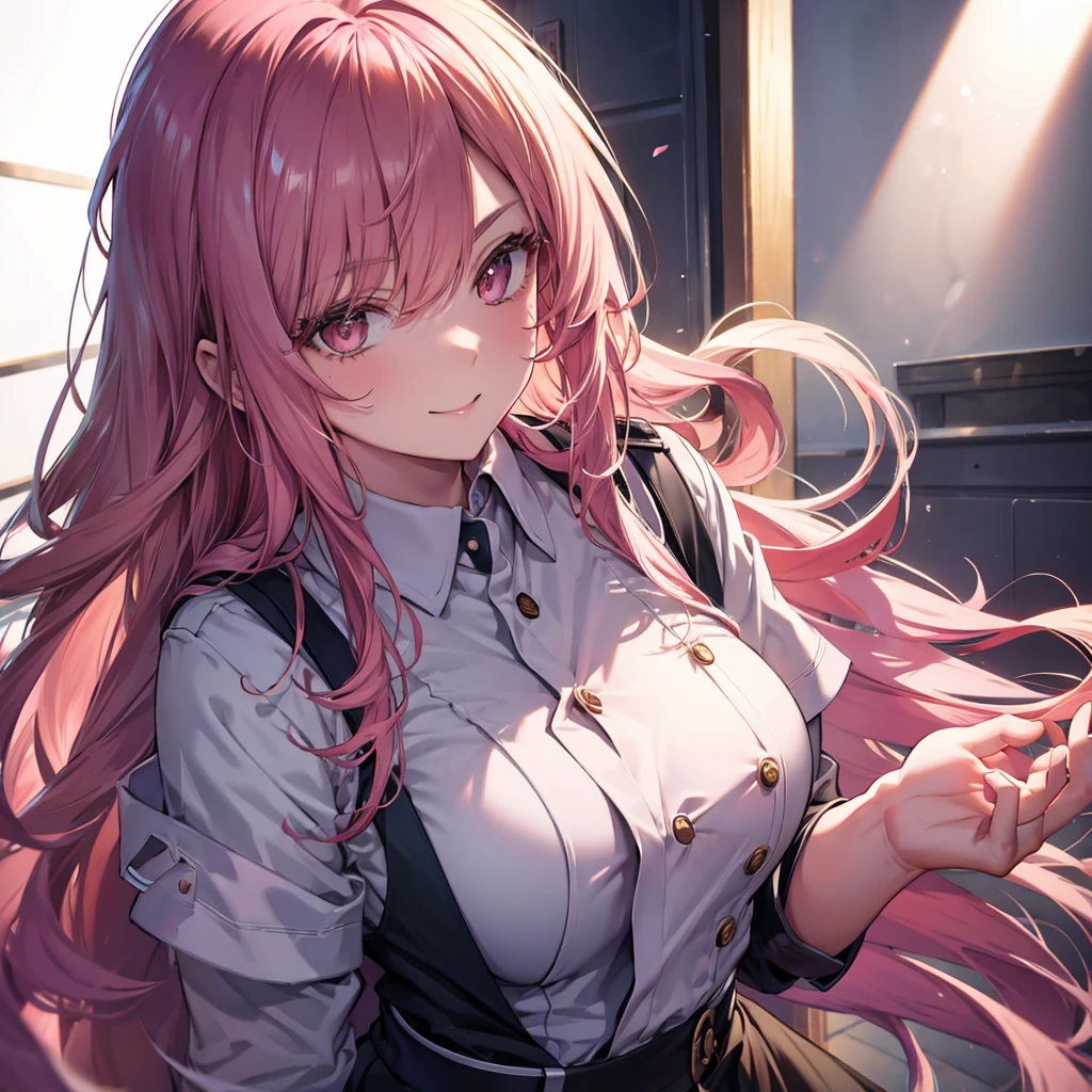 pink hair、coat、yellow eyes、horn、big breasts、upper body、looking at the camera、office、Throat and face