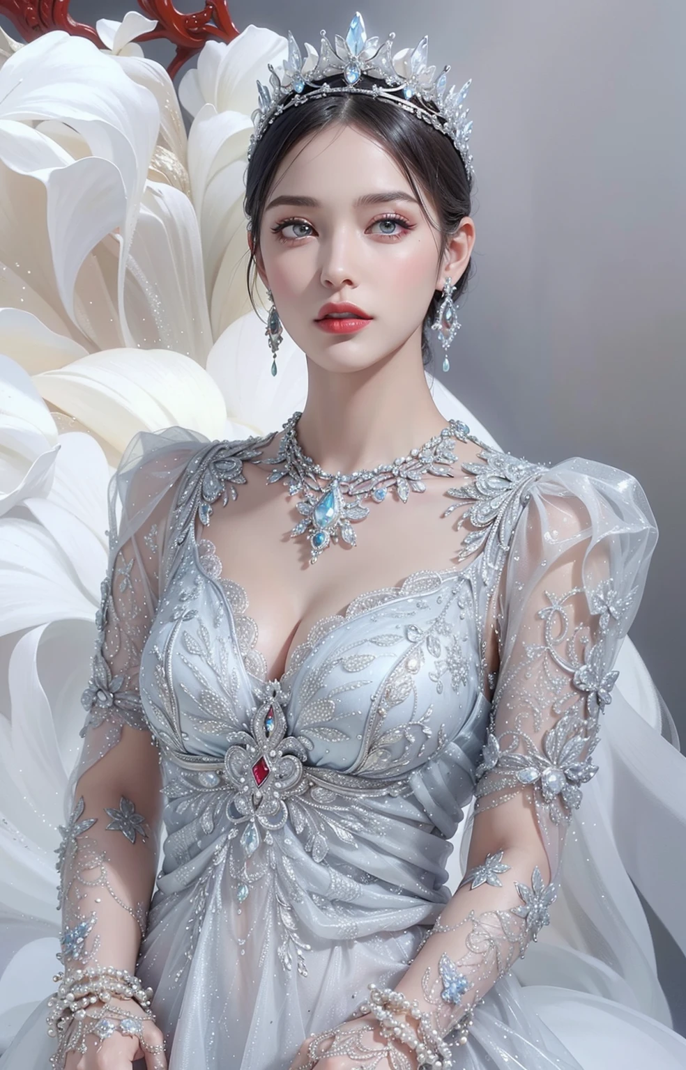 Royal princess，Very detailed, Delicate face, Stock Photography , Portrait 400, F1 Camera Lens.6, Colorful, Surrealism, Realistic textures, Dramatic Lighting, Thin Film Distiller 800 (8K, original photo, Better quality, masterpiece: 1.2), Very detailed, (Extremely delicate skin: 1.2), 8K 超高清, SLR camera, Soft Light, high quality.Fire Queen，Blue pupils，Apply red lipstick，Have a tattoo，The tattoo is very three-dimensional，Gorgeous and intricate tattoo designs，8K Mugshot，Large Breasts，Dark eyeshadow，Sexy thick lips(Red lipstick)，Ice Princess，The facial features are very three-dimensional，Gorgeous and exquisite crystal diamond lace wedding dress，Silver Armor，Exquisite and ornate silver decoration，Universe shining diamond gem，Ultra-clear portrait，Very exquisite and gorgeous jewelry，Transparent clothes，