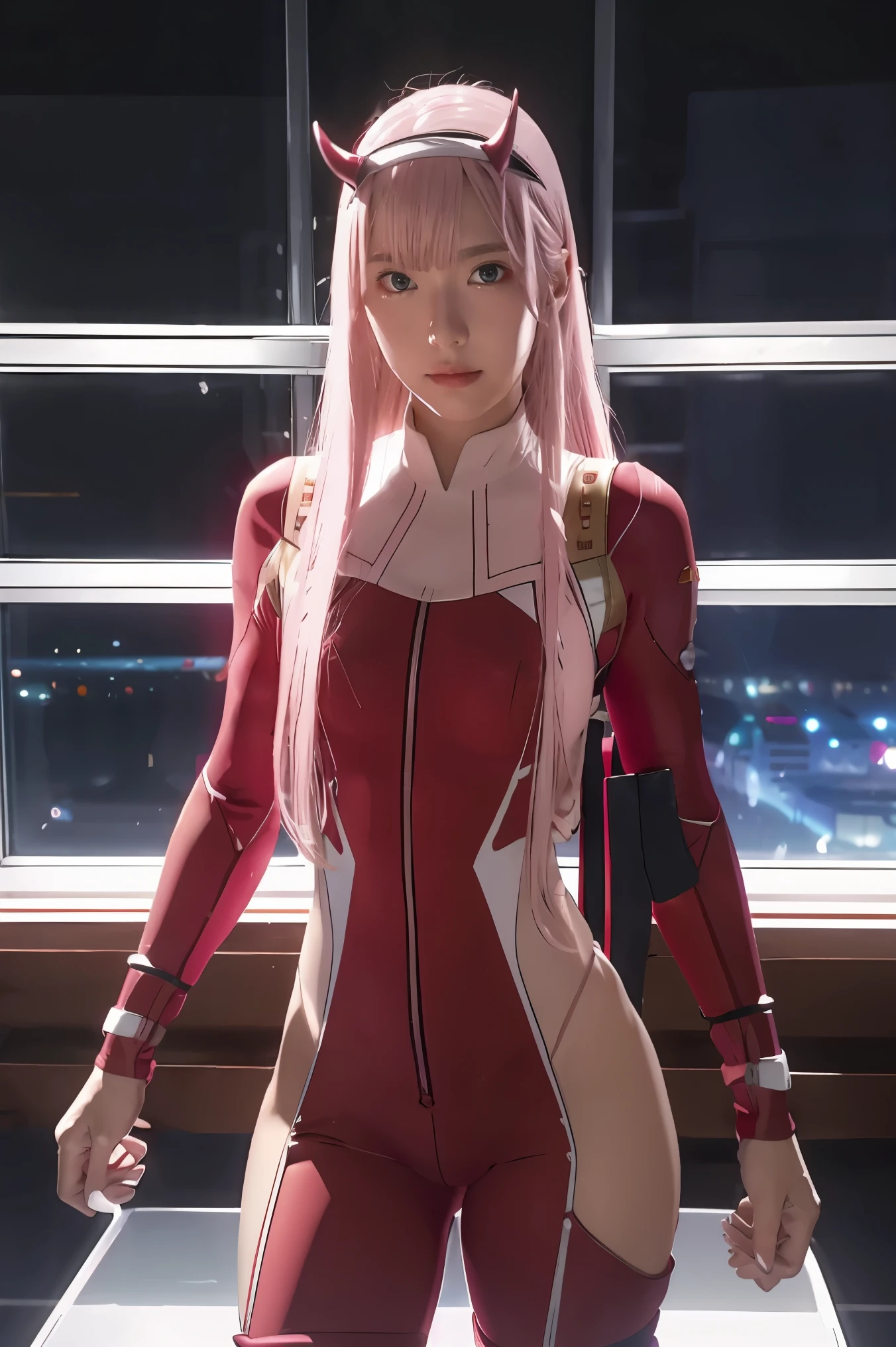 dynamic angle,ultra-detailed, illustration, straight on, 1girl, ((Zero two, interface headband with a pair of horns, red bodysuit:1.4, pink hair)), Her eyes shone like dreamy stars,(glowing eyes:1.233),(beautiful and detailed eyes:1.1),(expressionless, closed mouth),(standing), (mechanic room with tools and spaceship window in a white SPACESHIP), (night:1.2), dreamy, [[delicate fingers and hands:0.55]::0.85],(detail fingers), smirk,