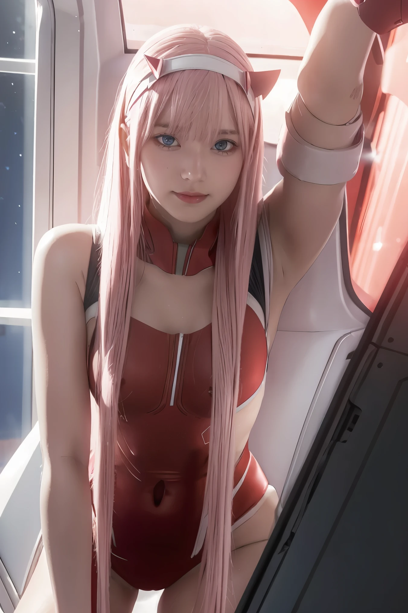 dynamic angle,ultra-detailed, illustration, straight on, 1girl, ((Zero two, interface headband with a pair of horns, red bodysuit:1.4, pink hair)), Her eyes shone like dreamy stars,(glowing eyes:1.233),(beautiful and detailed eyes:1.1),(expressionless, closed mouth),(standing), (mechanic room with tools and spaceship window in a white SPACESHIP), (night:1.2), dreamy, [[delicate fingers and hands:0.55]::0.85],(detail fingers), smirk,