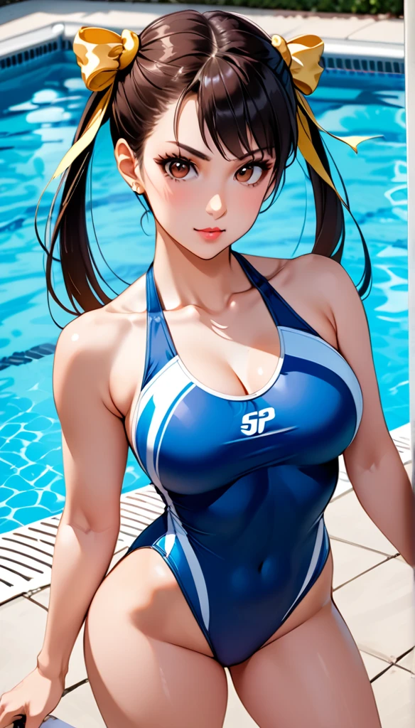 poolside,Competitive Swimsuit,score_9, score_8_up, score_7_up, break, score_9, 1girl, Chun-Li,street fighter, black hair, brown eyes,  long hair, breasts, looking at viewer, sexy pose,  cowboy shot,eyelashes