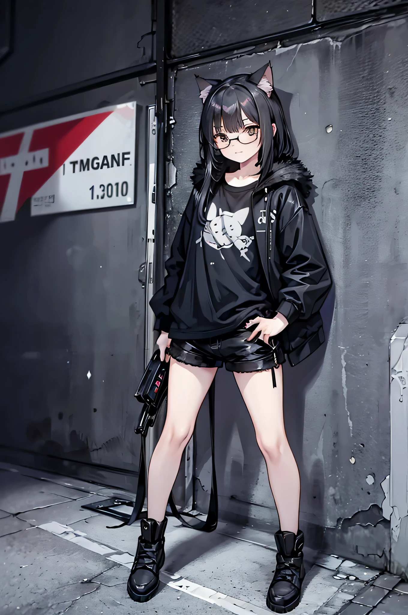 1 adult cat　Golden Eyes　Wears black-rimmed glasses　Plump body　A defiant look　Full body view　Leaning against the wall　Black fur　Straight medium hair　Black T-shirt　He is wearing an oversized jacket with long sleeves and black fur.　Shorts　Black Stockings　Golden Eyes　The background is a cyberpunk cityscape