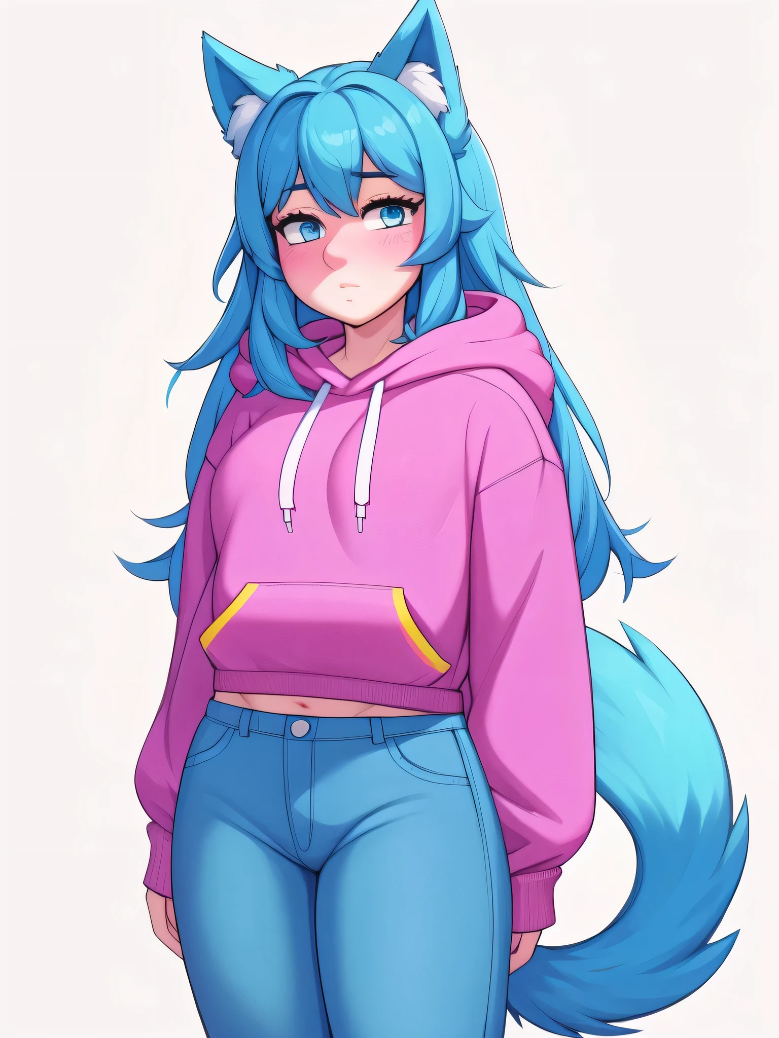 (Masterpiece) (High Detail) (High Res) A short humanoid girl with pale human skin and blue eyes and long blue hair and blue dog ears and a fluffy blue dog tail and average breasts. She is stood in a void with a blank white background and she is wearing brightly coloured rainbow clothes. A brightly coloured rainbow cropped hoodie and brightly coloured rainbow baggy jeans. She has blushing cheeks. She looks like she is posing and pouting. Long Hair.