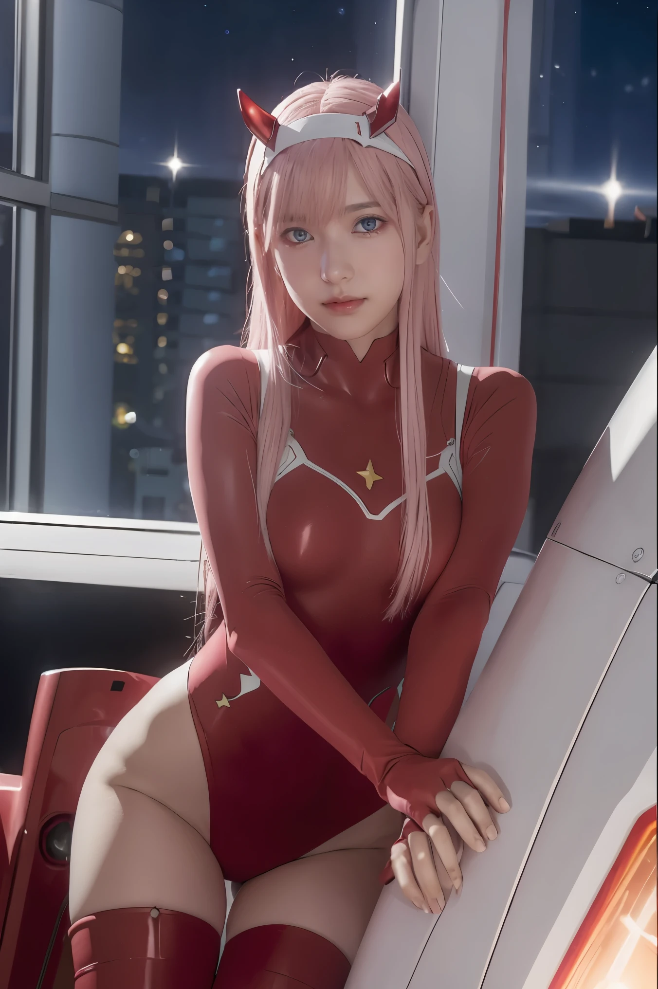 dynamic angle,ultra-detailed, illustration, straight on, 1girl, ((Zero two, interface headband with a pair of horns, red bodysuit:1.4, pink hair)), Her eyes shone like dreamy stars,(glowing eyes:1.233),(beautiful and detailed eyes:1.1),(expressionless, closed mouth),(standing), (mechanic room with tools and spaceship window in a white SPACESHIP), (night:1.2), dreamy, [[delicate fingers and hands:0.55]::0.85],(detail fingers), smirk,