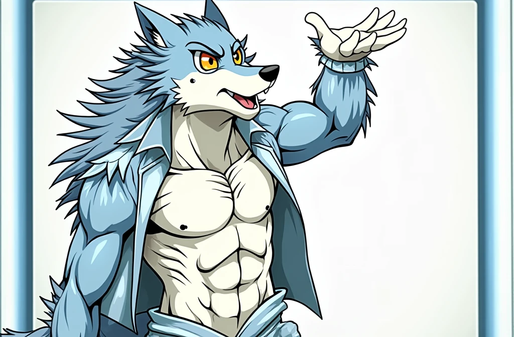 furry, anthro, wolf, fluffy pointed wolf ears, fluffy wolf tail, yellow and white fur, messy fur, neck floof, fluffy mohawk, hair same colour as fur, light blue eyes, razor sharp teeth, slim body, handsome, sexy, slender, tall, wearing a light blue dog collar and light blue and white boxer briefs with a giant bulge, pawpads, pink pawpads, ((best quality, 4K, UHD, masterpiece)), posing playfully, 