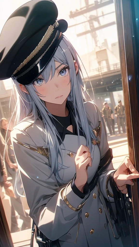 (8k, best quality, masterpiece:1.2),( best quality:1.4), (detailed facial features),( detailed clothes features),( shiny skin), ( slender girl),small breasts, collar,steampunk, empty factory, soldiers, bird's eye view, blue sky