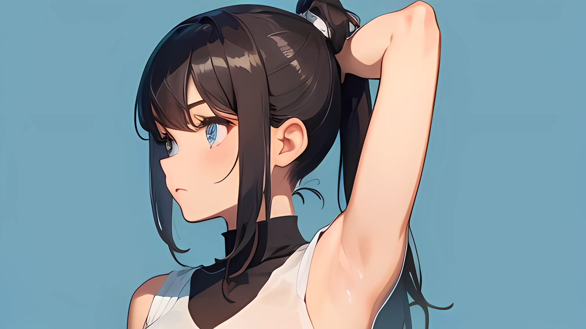  ((((The background is a hair salon)))), ((((ponytail)))).A girl whose armpits smell bad。looking at armpit。An angle that looks like you&#39;re looking up from below.。very cute round face。embarrassed,hairdresser.