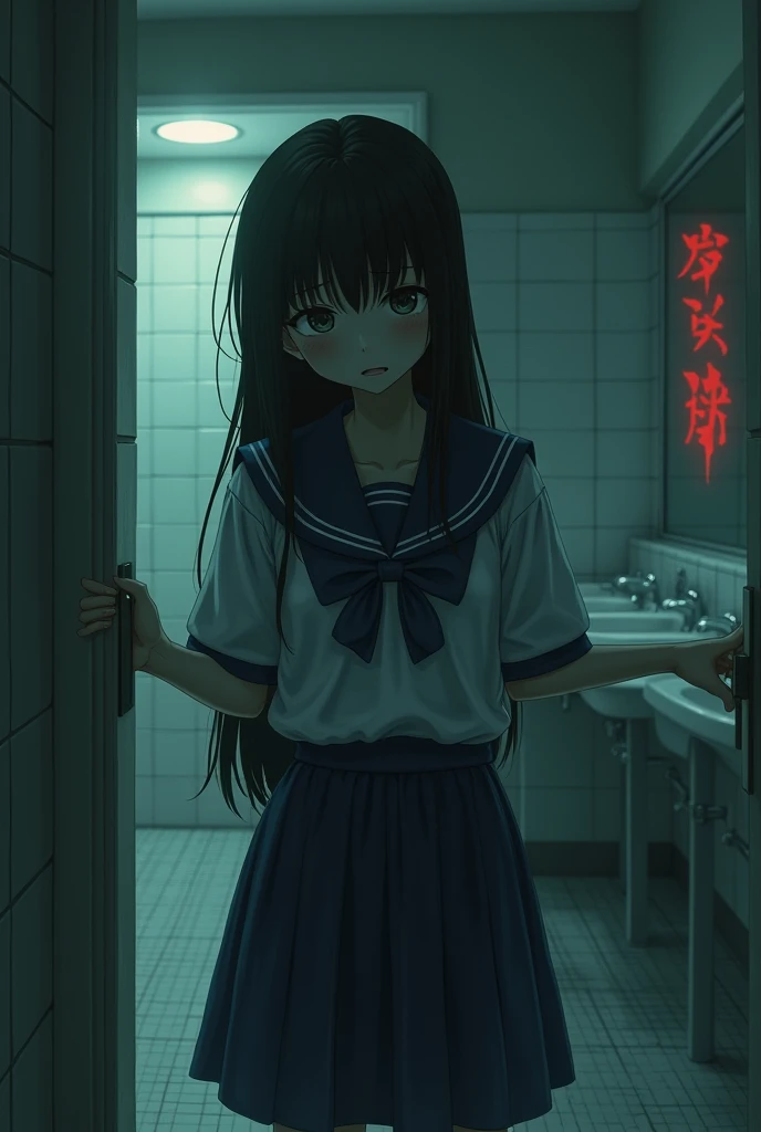 Japanese teenage girl in school uniform crying and there is blood splash on her face ,HD,4k, realistic,the night,Full Body Angle, women&#39;s toilet background, face looking at the camera with glassy eyes and shedding tears, original human