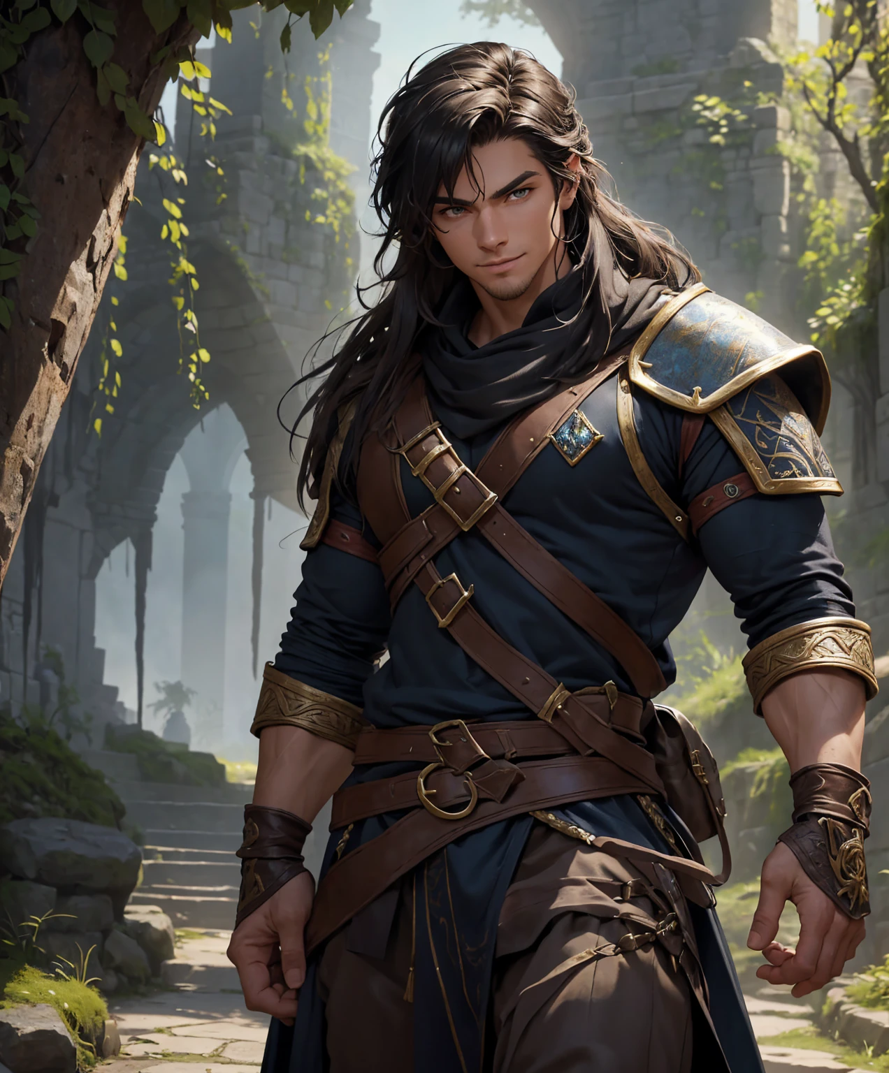 (((1.))) (((18yo.))) (((Dressed in medieval fantasy attire.))) Cute guy.  (((Youthful, muscular and sexy.))) (((Dressed in medieval fantasy attire.))) (((Intense, sexy stare.))) (((Beautiful long sexy hair.)))  (Sexy tattoos.) Looks like a dashing and heroic male adventurer for Dungeons & Dragons. Looks like a very attractive male adventurer for a high fantasy setting. Looks handsome, sexy and appealing. Looks like a handsome and rugged male adventurer for Dungeons & Dragons. Looks like a handsome male for a medieval fantasy setting. Looks like a Dungeons & Dragons adventurer, very cool and masculine hair style, black clothing, handsome, charming smile, adventurer, athletic build, excellent physique, confident, gorgeous face, gorgeous body,  detailed and intricate, fantasy setting,fantasy art, dungeons & dragons, fantasy adventurer, fantasy NPC, attractive male in his mid 20's, ultra detailed, epic masterpiece, ultra detailed, intricate details, digital art, unreal engine, 8k, ultra HD, centered image award winning, fantasy art concept, digital art, centered image, flirty, best quality:1.0,hyperealistic:1.0,photorealistic:1.0,madly detailed CG unity 8k wallpaper:1.0,masterpiece:1.3,madly detailed photo:1.2, hyper-realistic lifelike texture:1.4, picture-perfect:1.0,8k, HQ,best quality:1.0,