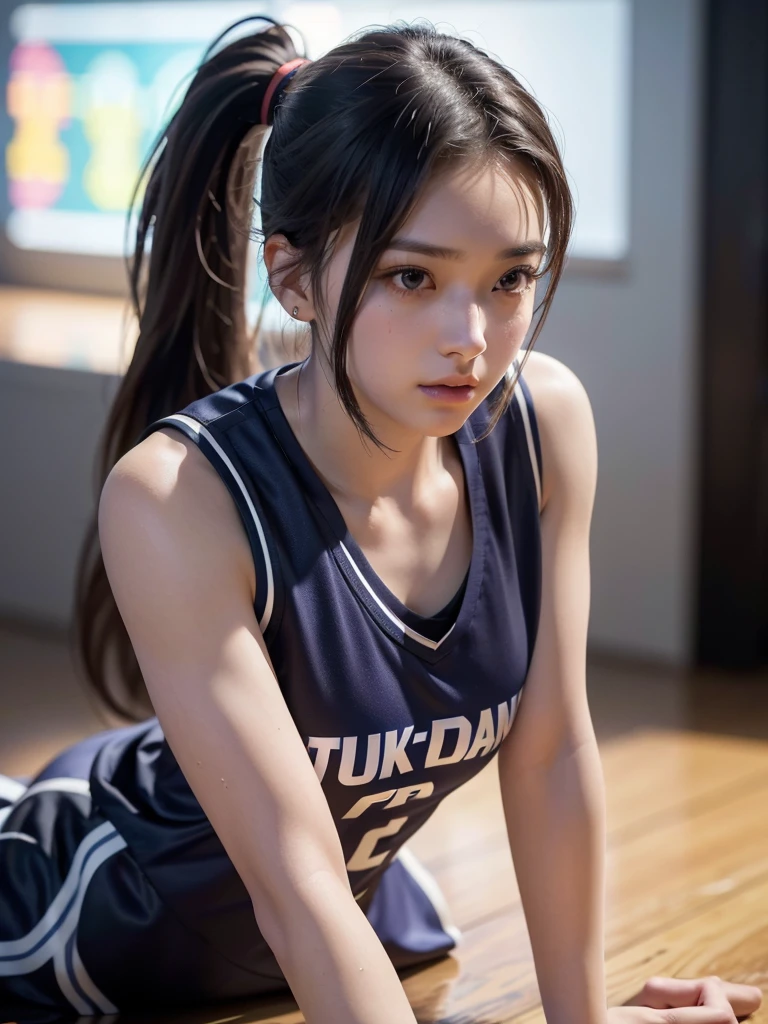 ((tmasterpiece, best qualtiy)),A highly detailed,8K,realistic focus,intricately details,Big Chinese Girl,Female volleyball player,Women's volleyball uniform,Wearing the number 9 shirt,Socks on the knees,(((volleyball field))),A tall man,long leges,pony tails,Cocked ass,(((Small breasts))),chest muscle,Open your clothes,Expose breasts exposed,looking chest,Vistas,sturdy body,Sexy and strong,Detailed abs,Detailed muscle lines,nipplestits,dynamicposes,Greasy body,sweating body,Normal body proportions,Normal face,Normal hands,frontage,fully body photo,High image,Look from the bottom up,Bottom-down,