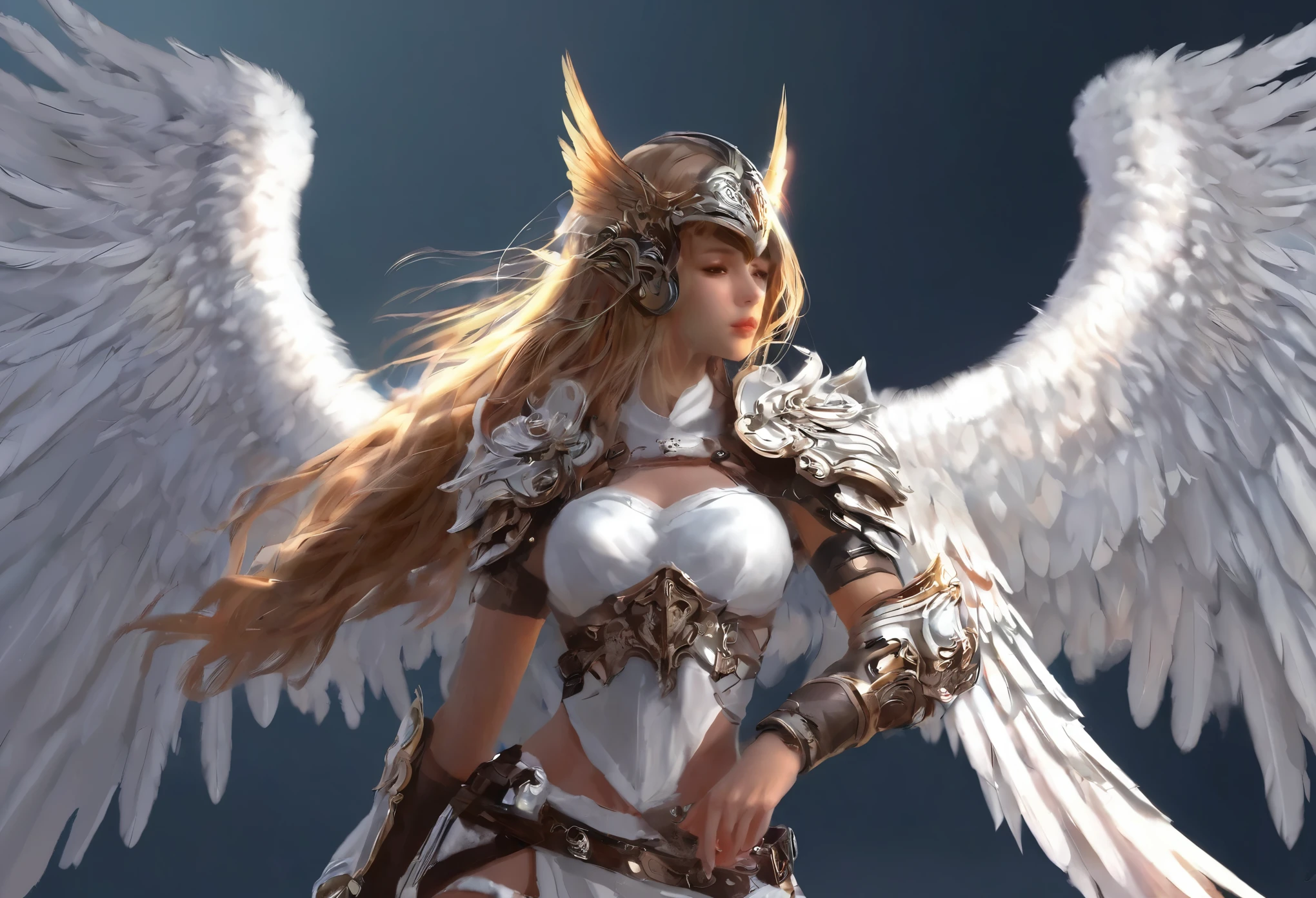 1girl angel Winged helmet mask angel_wings armor feathers_Long wing feathers_Hair Shoulder Armor Shoulder_Armor single piece_Wing separate upper part_The body is white_Theme White_Wings Wings