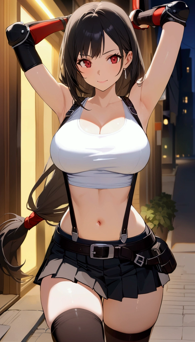 score_9,score_8_up,score_7_up,source_anime, masterpiece, best quality:1.2, (recent), perfect anatomy, very aesthetic,photorealistic,(beautiful).straight-on,soro focus,dutchangle,cowboy shot,arms up:1.2,stretching,Solo,1girl, tifa lockhart, final fantasy,black hair, low-tied long hair, red eyes, bangs, white tank top,gap,(High exposure),belt, pleated skirt, thighhighs, elbow fingerless gloves, elbow pads, midriff, navel,suspenders.skirt,slender waist,(large_breasts),light smile,citystreet,night sky,night, depth of field、beautifully lit,great lighting,