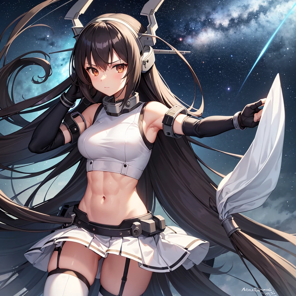 best quality, girl, (li), kawaii, long hair, shy, (small breasts), Superskirt, Black panties are exposed, light smile, full body, full body, Slim legs, A black bra is hidden under the white uniform, black garter belt,