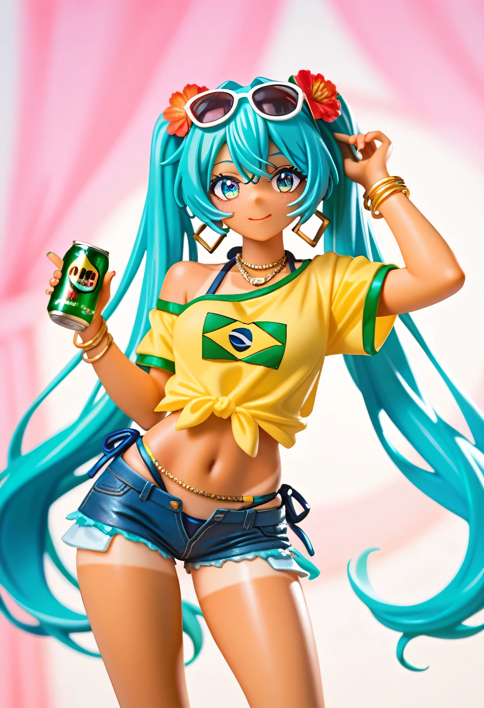 masterpiece, Hatsune Miku, masterpiece, Hatsune Miku, brmeek, twintails, very long hair, dark-skinned female, tanlines,
holding can,
hair flower, hoop earrings, eyewear on head, necklace, yellow shirt, midriff, jewelry, belly chain, bracelet, bikini under clothes, side-tie bikini bottom, short shorts, denim,
brazilian flag print,
single bare shoulder, side tie, tied shirt,