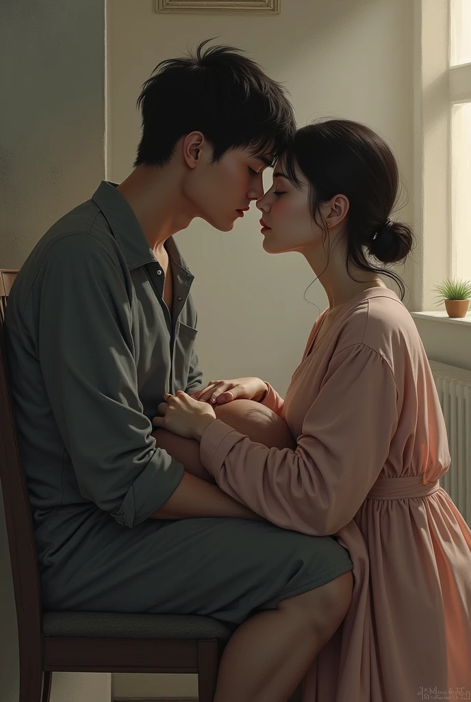 A Korean long-legged sister and a high school boy make out in the office,My sister is sitting on the sofa wearing high heels,Boy in vest sitting on sister's lap,Sister touches boy's chest with both hands