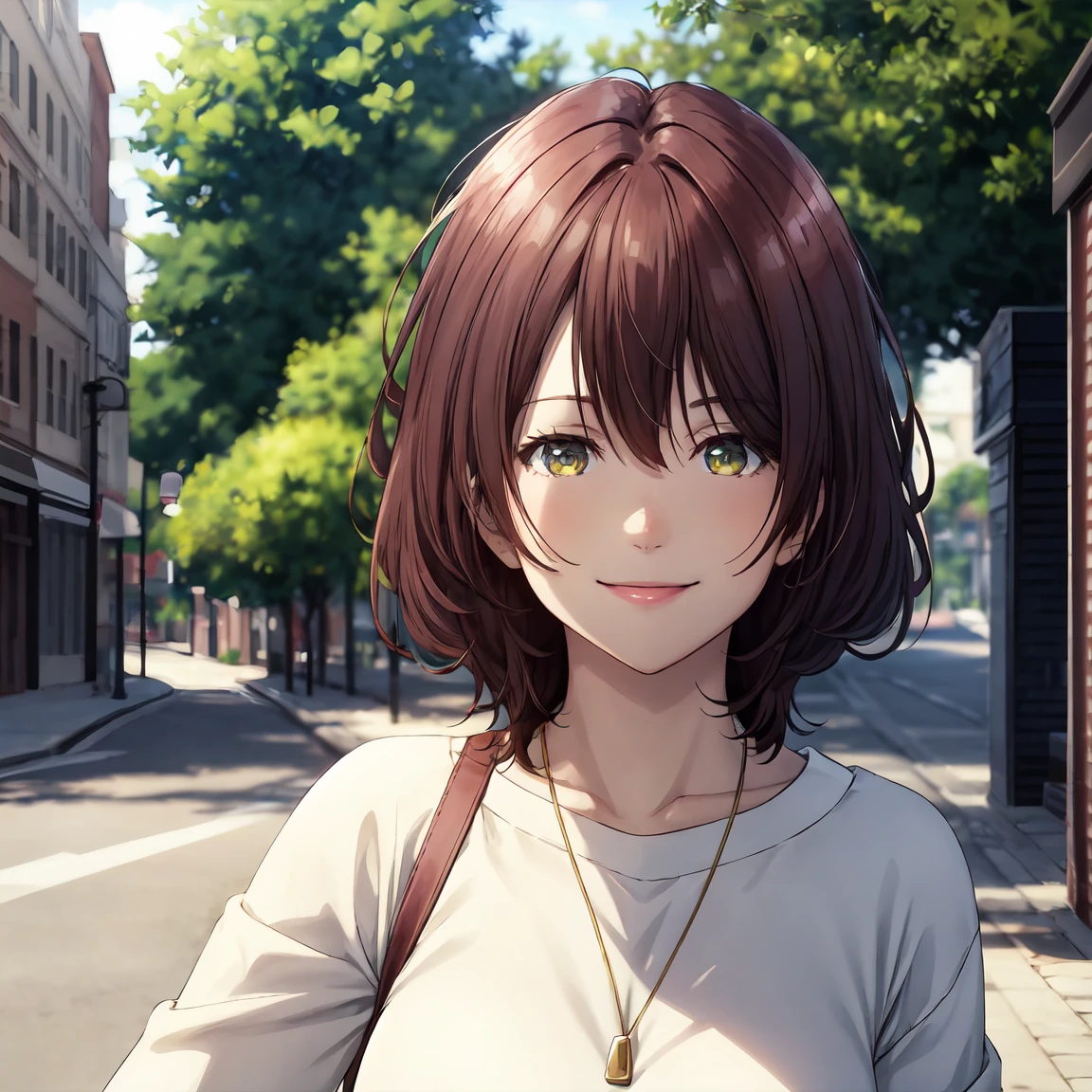 masterpiece, (best quality), 1woman,1girl ,aoihinami, , short hair, green eyes, white shirt,cardigan,sexy woman,jacket, necklace, jewelry,closed clothes,  smile, hair between eyes, vibrant colors ,natural lighting  ,RTX,  , beautiful, (detailed face:1.2), showcase, (perfect eyes:1.1) ,(photorealistic:1.1), 8k uhd,  looking a viewer, outdoors,  simple backround