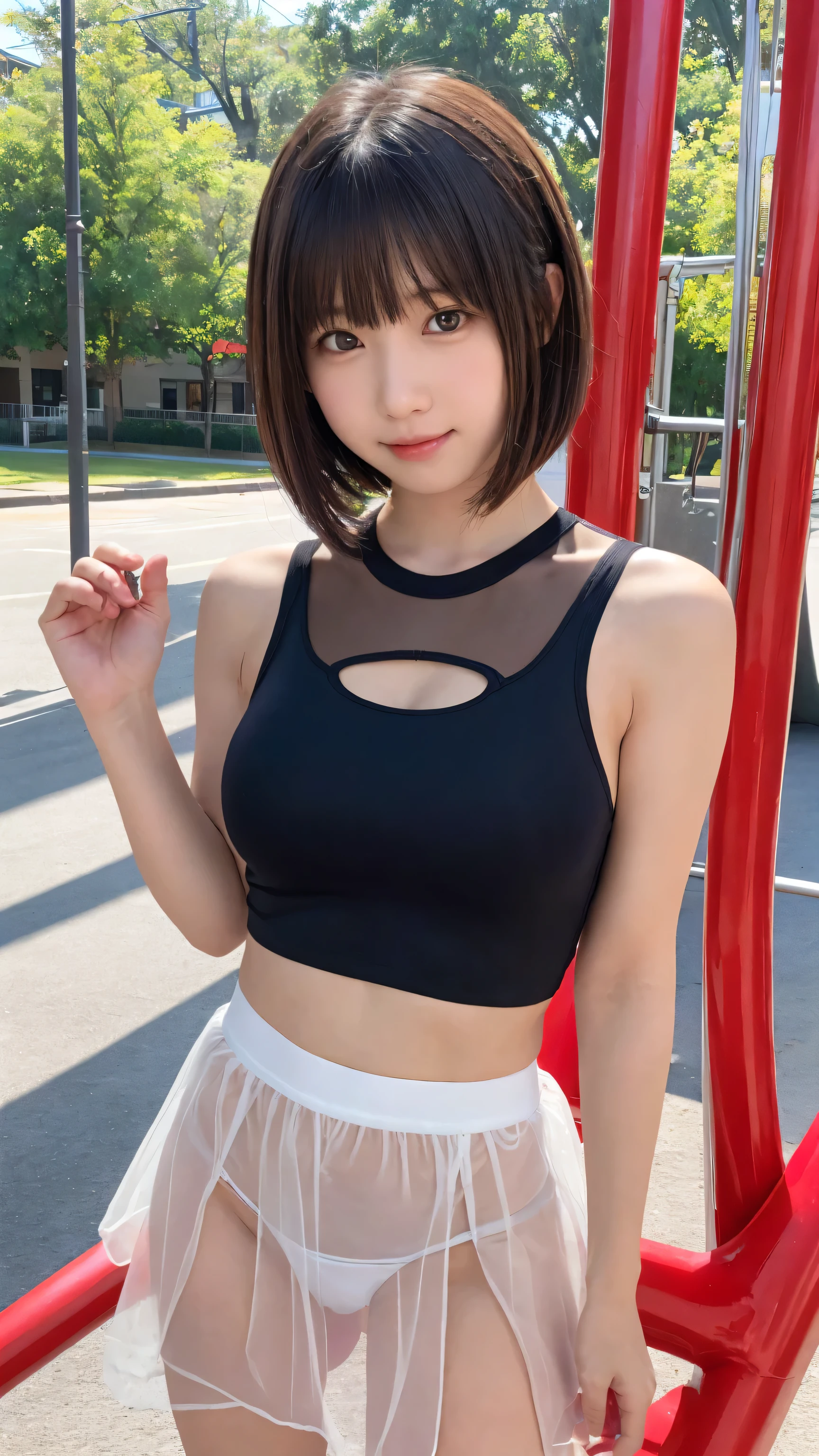 One beautiful girl, (cut out, See-through clothes Bust:1.3, Transparent T-shirt:1.3, Very short, sheer micro mini skirt made of organza:1.3), Thong, (:1.3), break, (Park playground equipment background), break, Shy laugh, Baby Faceautiful eyes, (Symmetrical eyes:1.3), break, (D cup breasts:1.2), Brown eyes, Parted bangs, Brown bob cut hair:1.3, round face, cute, break, (Eye and facial details:1.0), Spread your legs:1.3, Shooting from below, Pussy Line, Camel Toe, Looking into the camera, masterpiece, Best Quality, RAW Photos, Realistic, cute人々, Detailed border, High resolution, Very detailedな, In detail, Very detailed, Very detailed, Sharp Eyes, Cinema Lighting, Full Body Shot