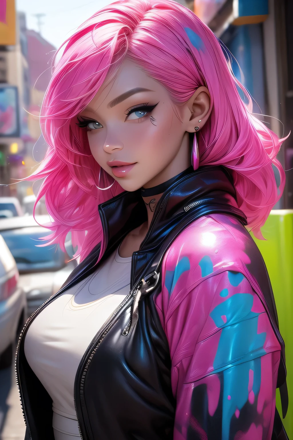 leather jackets girl with multicolored hair beautiful a girl blue eyess a smile top-quality masterpiece 超A high resolution hyperdetailed face super-detaild skin huge tit leather pant Beautie