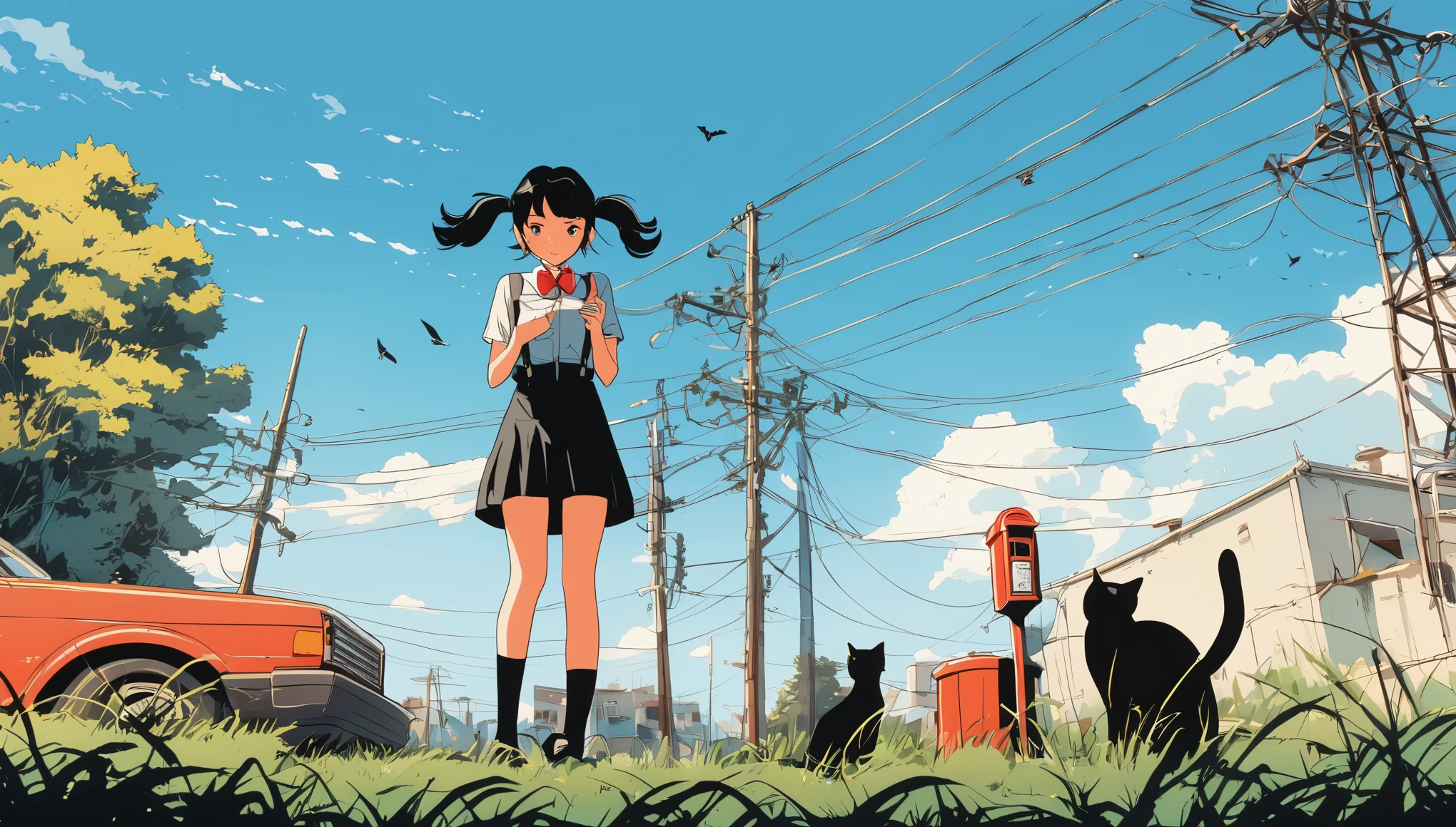 score_9, score_8_up, score_7_up, score_6_up, Low-angle view of an anime-style girl in a black dress and thigh-high stockings, standing next to a red mailbox with a cat-face design. Bright, vibrant colors with a clear blue sky, fluffy yellow clouds, and birds flying. Strong lighting, dynamic pose with hands at her sides, tousled black hair in pigtails, urban background with telephone poles and power lines. Vibrant, slightly surreal atmosphere, with exaggerated color contrast and warm shadows, overgrown grass in foreground. Cell-shaded art, stylized visuals, flat shading, sharp contrasts, minimalistic shadow, vivid colors, simple color palette, bold line work, flat and two-dimensional, minimalistic shapes