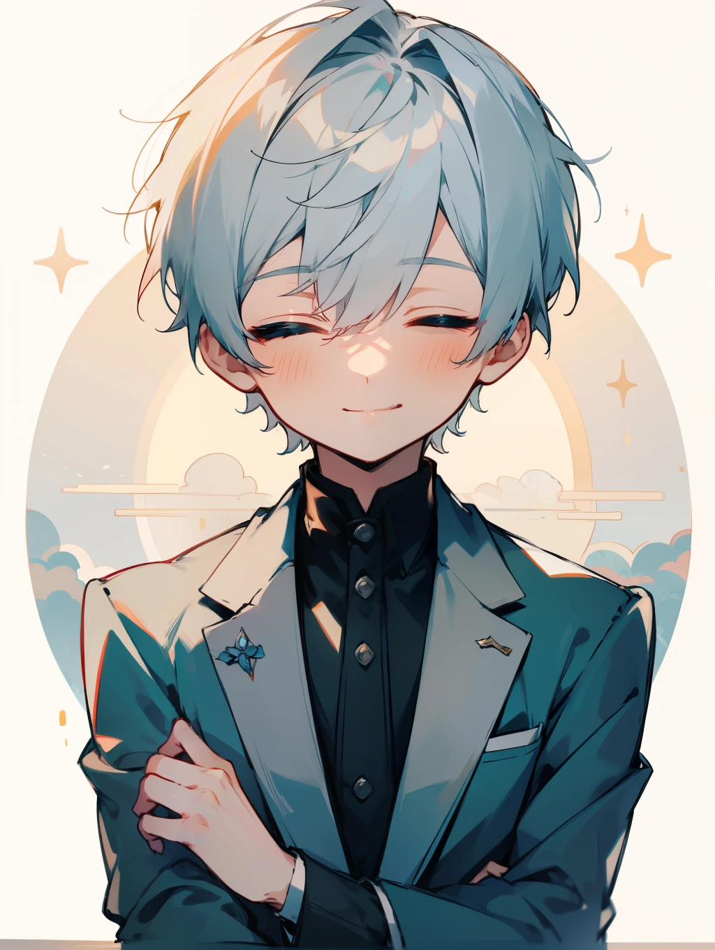 1 Boy、Best Quality, Tabletop, Beautiful Face、suit、Silver Hair、Short Hair、whole body、smile、(Close your eyes) smile、Front