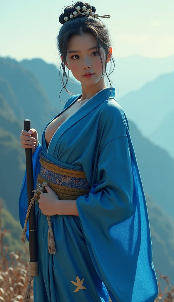 (A woman in her twenties wielding a Japanese sword),(handsome girl), (Hanfu), white skin, surrounded by ink water,Surrounded by the wind, clear face, clear and bright eyes, high detail, whole body, movie lights, motion blur, ray tracing, reflected light, (enlargement), masterpiece, best quality, high quality, high details, super detail, 1080p, UHD, HD, character design, photorealistic, Unreal Machine, concept art, Popularity of Art Station, ((realistic)), looking at viewer, fantasy art, Amazing Gradient Colors, amazing detail,absurd, HDR. Japanese Warring States Period, A little bit of cleavage is visible, Bandaged chest., big bust, sexy, from below, Holding a Japanese sword, swordsman, Bewitching, Your legs are sexy, Undergarments slightly visible, spread the crotch apart, fishnet stockings