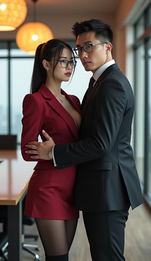 (european:1.4)、(blonde)、(A young office lady wearing an office lady suit)、(A middle-aged man wearing a suit:1.7)、(super beautiful)、(beautiful face:1.5)、(rough skin)、clear pubic bone outline,(Man spreads her legs:1.3)、Panties visible from under the skirt、(white panties)、Clothes、in the conference room、Background of windows with a view of skyscrapers、(at night:1.2)、(At SFW)