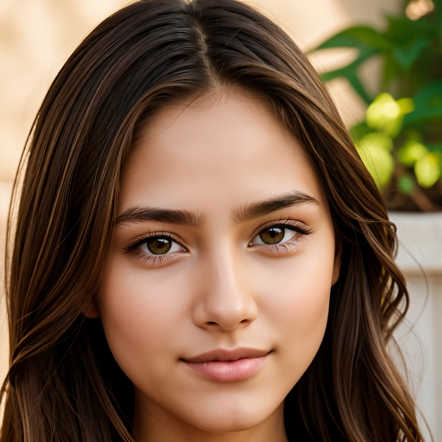 A young girl with an oval face and slightly tanned skin of a warm tone. She has long, slightly wavy chestnut hair with golden highlights. Bright green, almond-shaped eyes, framed by long black eyelashes, with a deep and expressive look. Eye color can change depending on lighting., revealing golden hues. neat, Slightly arched eyebrows add softness to the facial expression. The nose is graceful, slightly upturned, with smooth lines. Lips of medium fullness, symmetrical, natural pink shade, which rise slightly when you smile, creating a warm and friendly expression. chin is rounded, adding softness and harmony to the face. The face should be as realistic as possible., conveying vivid and detailed features, creating the impression of a real person with natural emotions and facial expressions.