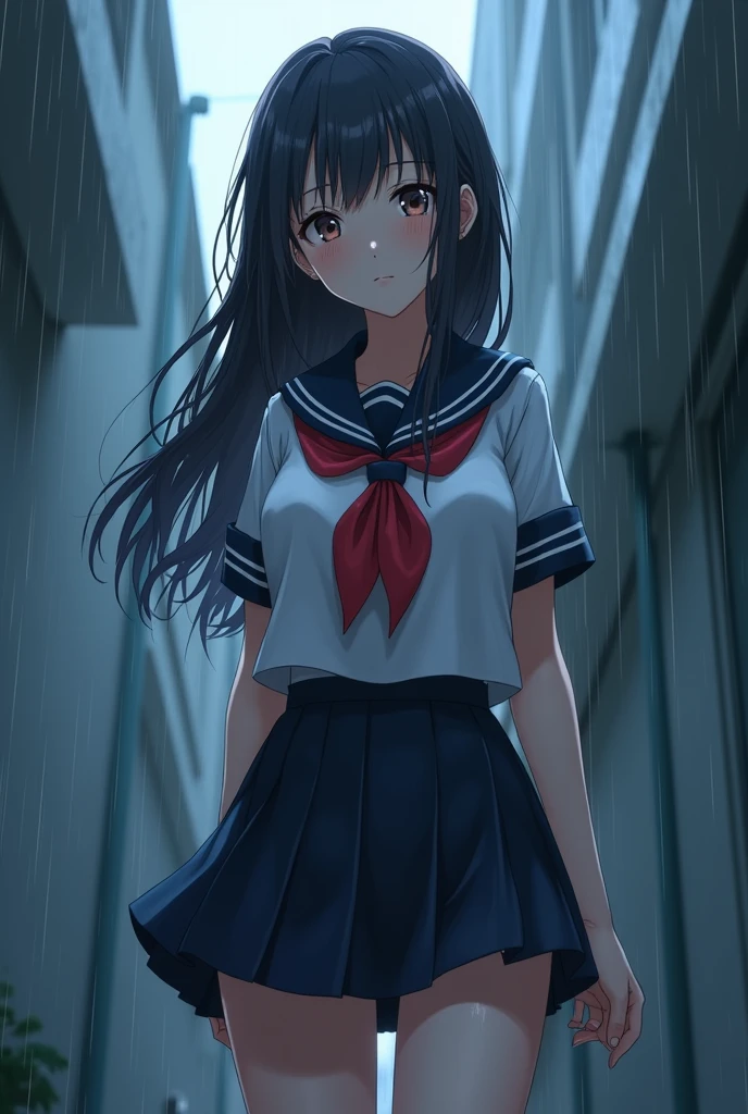 (masterpiece), full body view, best quality, dead eyes, perfect face, messy long black hair, standing drenched under heavy rain, dark night, outdoor dark street, ((looking at viewer)), (see through wet school white uniform shirt, nipples seen through) Messy school uniform shirt and skirt, barefoot ((****************)) small breasts, gloomy dark lighting, wet, drenched, ((taking off clothes)) 