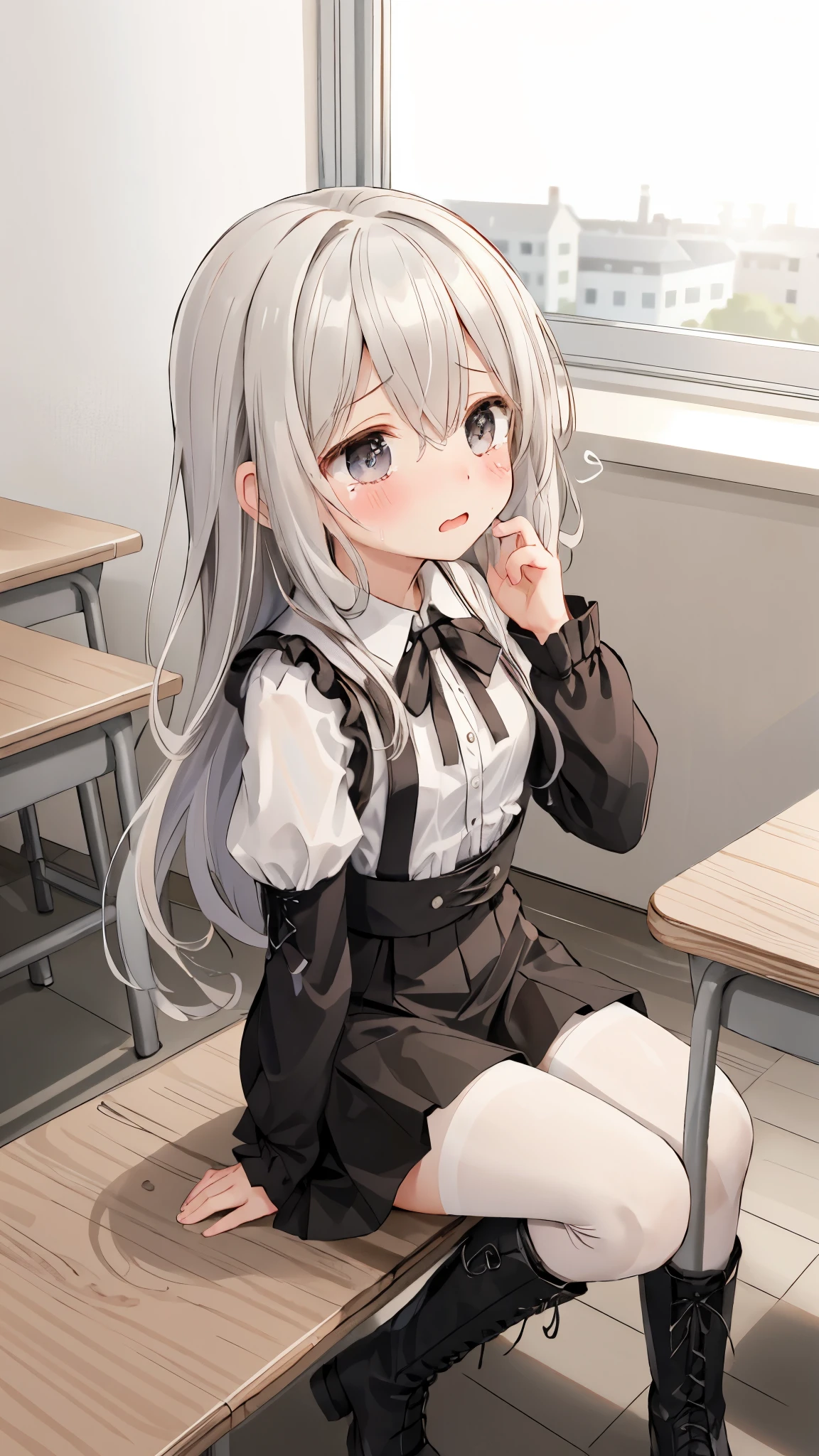 Black lace-up boots,White pantyhose,blush shy,classroom scene,girl,,((Absurd)), ((on the table)), (best quality), (lens flare), (Very detailed), (beautiful), ((cute girl)), Solitary, beautiful face, White skin, on the table, (: 1.3), , 、A girl goes to the toilet、 Everlasting, Crying, Close your eyes, Tears flow from the eyes, The embarrassment comes from, blush), (girl is peeing: 1.2),, Look away, sit, Awkward, blush, Mouth slightly open, classroom (girl leaking urine): 1.5)