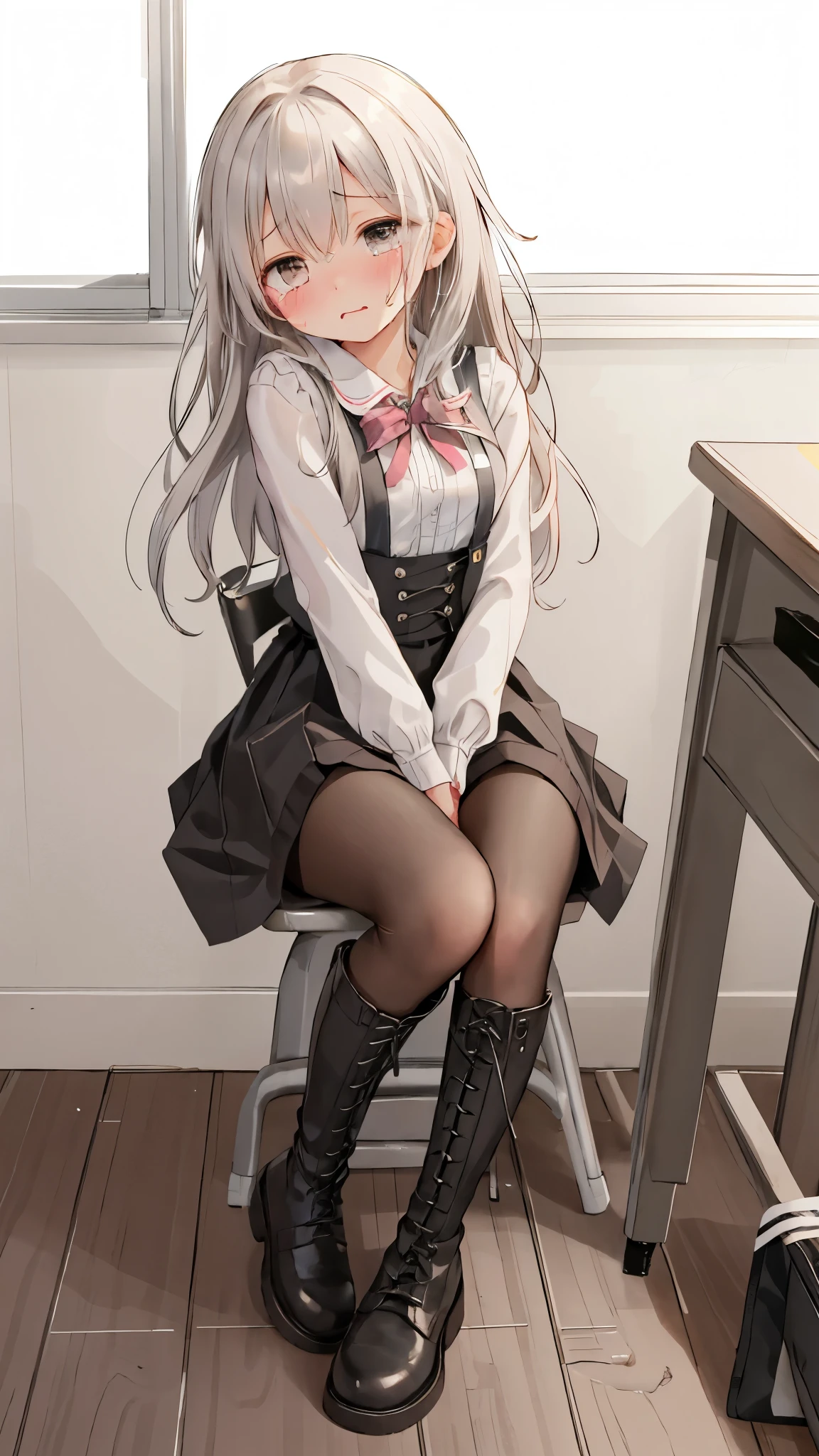 Black lace-up boots，White pantyhose，blush shy，classroom scene，girl，，((Absurd)), ((on the table)), (best quality), (lens flare), (Very detailed), (beautiful), ((cute girl)), Solitary, beautiful face, White skin, on the table, (: 1.3), , 、A girl goes to the toilet、 Everlasting, Crying, Close your eyes, Tears flow from the eyes, The embarrassment comes from, blush), (girl is peeing: 1.2),, Look away, sit, Awkward, blush, Mouth slightly open, classroom (girl leaking urine): 1.5)
