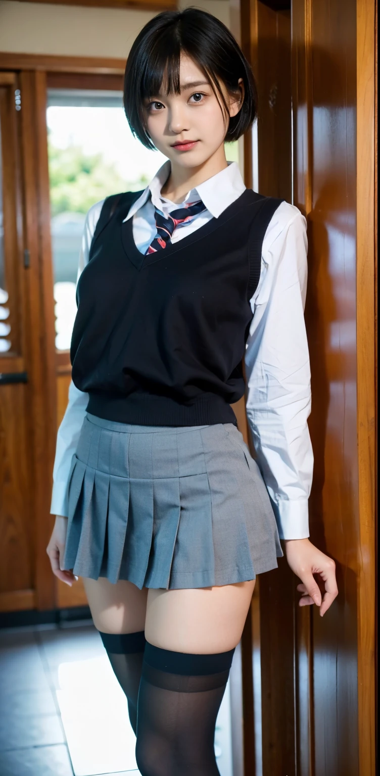 seifuku cosplay,seifuku cosplayershort hair,arm behind,front body, front face, slender body,standing ,(8k, RAW photo, best quality, masterpiece:1.2), (realistic, photo-realistic:1.37), ultra-detailed,(detailed beautiful girl:1.4),1 girl, full body shot,