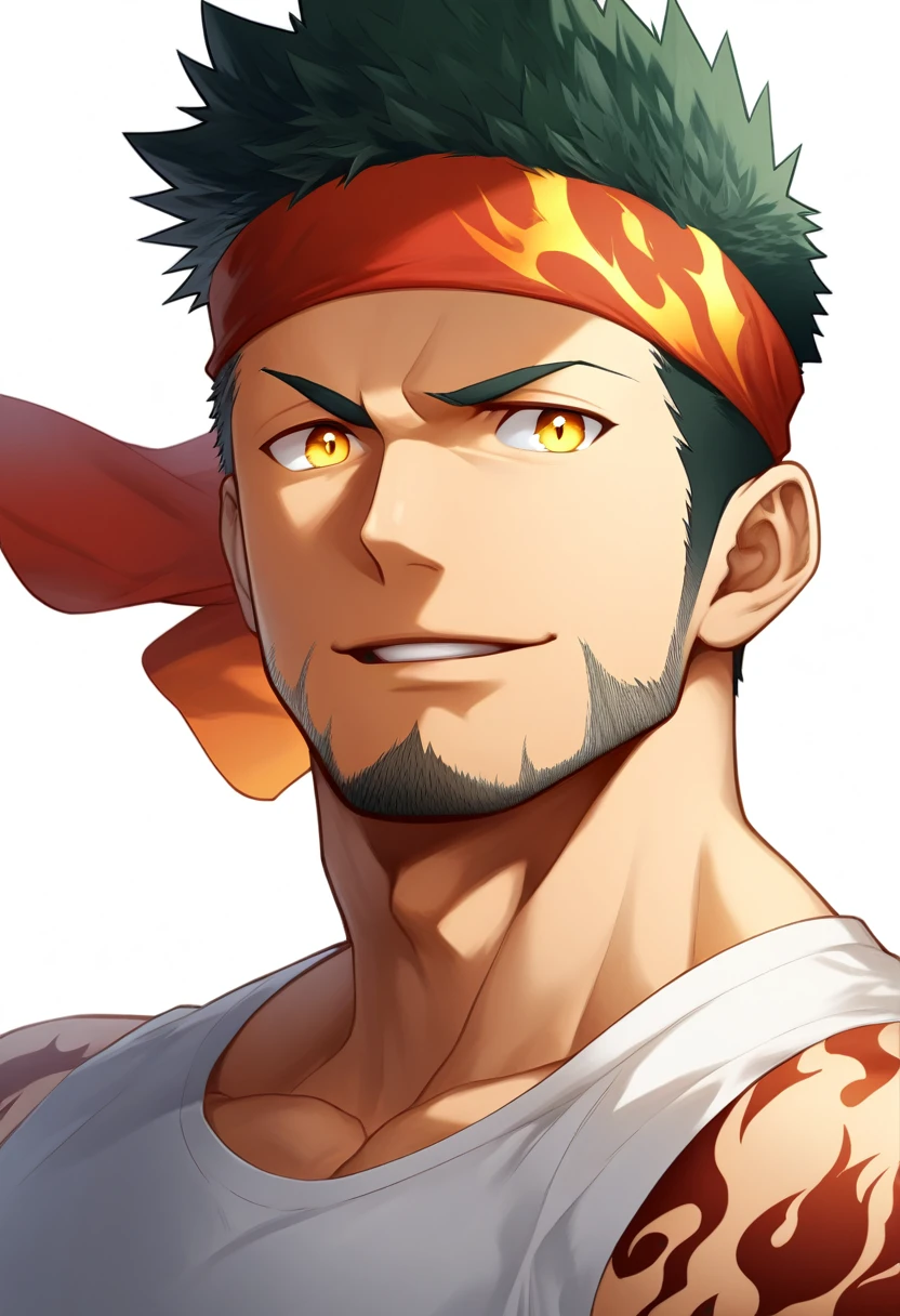 anime characters：Gyee, priapus, ****ung muscular man, male focus, Flame tattoo, sports Red headband, Creamy white spandex tight T-shirt, muscular male, muscular, only, Upper body, alone, Black short hair, Thick eyebrows, stubble, Yellow eyes, White background, simple background, amazing quality, best aesthetics, Ridiculous, bright pupils, crew cut, naughty face, torogao, parted lips, best quality